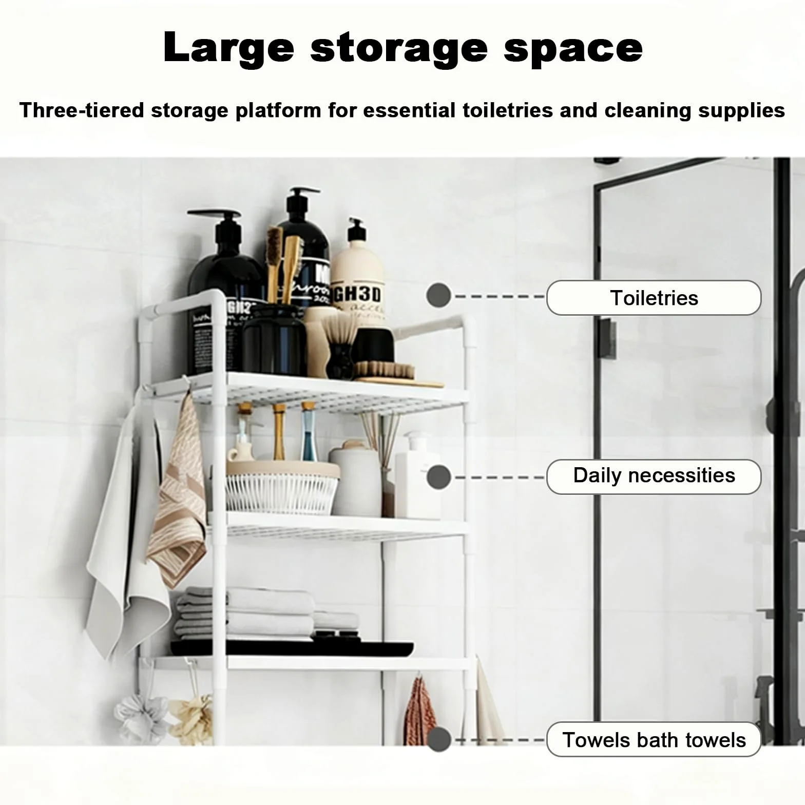 Porta sacchetti igienici impermeabile con 2 ripiani salvaspazio da bagno nero soluzione di archiviazione per articoli da toeletta e articoli essenziali