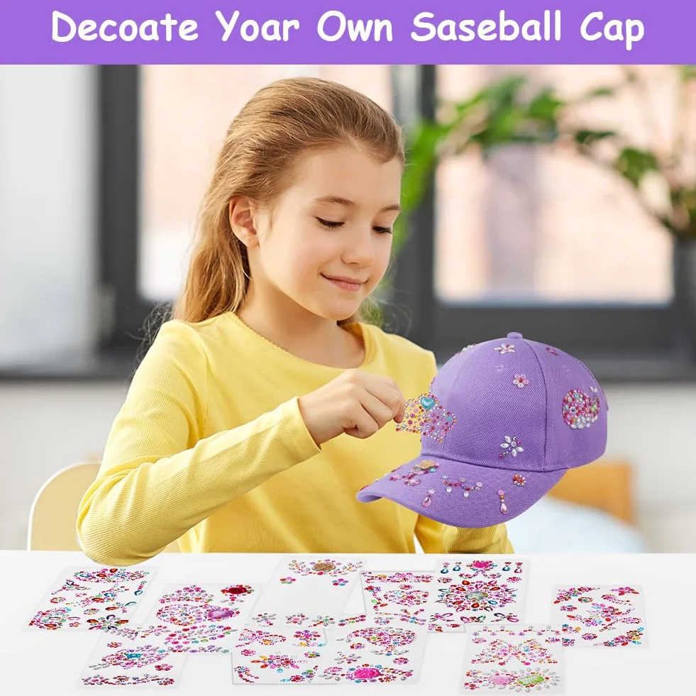 Aomig Cappello Baseball Bambino, Berretto Bambino con Visiera Regolabile, Cappellino da Baseball con Adesivi Strass Estivo Cappello con Visiera Bambini per Protezione UV, Tinta Unita(Viola)