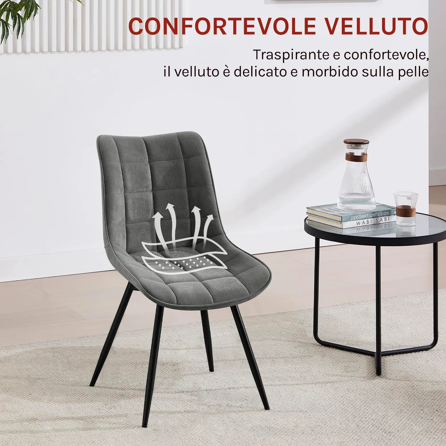 WOLTU Sedie da Pranzo Girevole Set di 4, Sedie da Cucina, con Sedile Imbottito, Schienale Alto, Gambe in Metallo, Tessuto in Velluto, Grigio Scuro