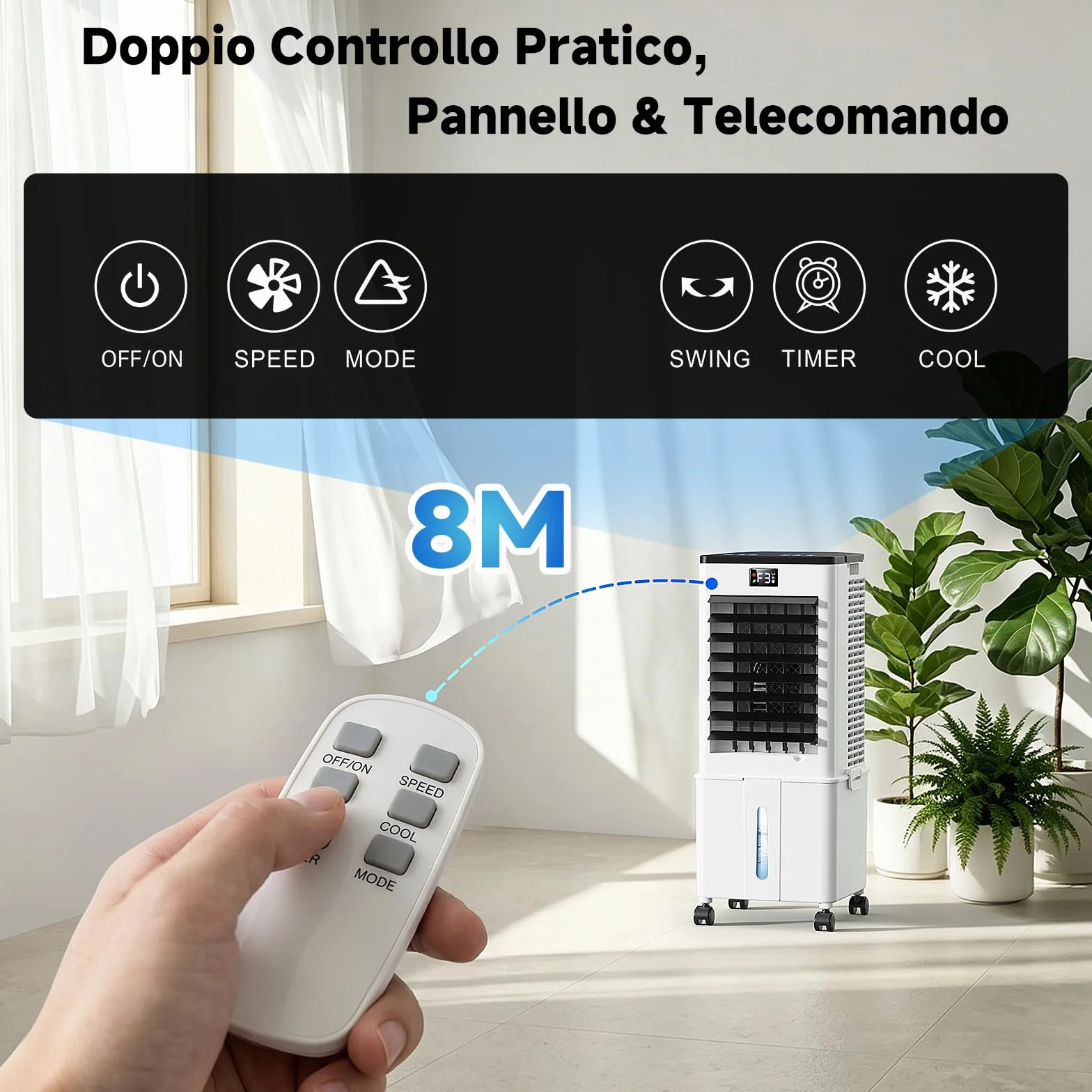 Condizionatore Portatile senza tubo 10L Migliorato, Raffrescatore d'Aria 4 in 1, 3 Velocità, Timer 1-12h, 3 Modalità, Telecomando, Oscillazione 60°, per Camper, Casa, Ufficio(Nero e bianco opaco)