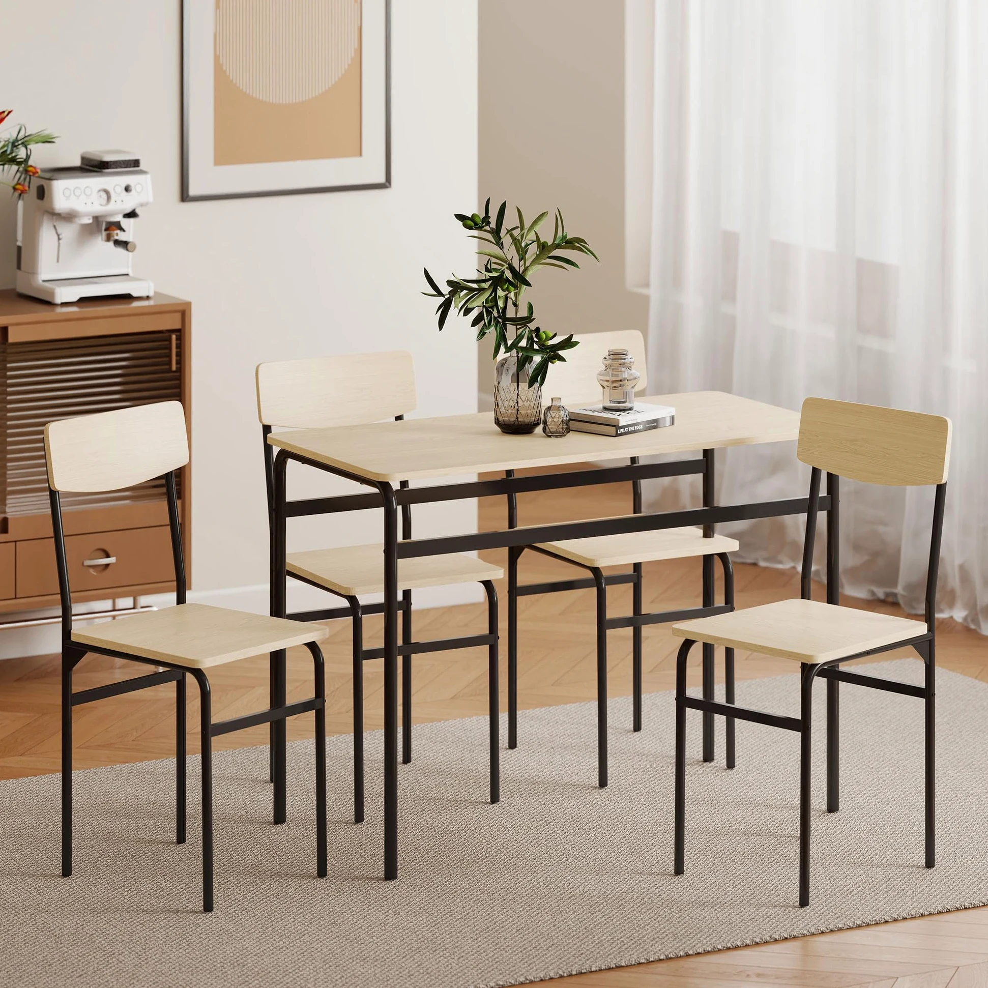 HOMCOM Set Tavolo e Sedie Sala da Pranzo 5 Pezzi, Tavolo da Pranzo Rettangolare e 4 Sedie in Legno e Metallo, Salvaspazio, Design Industriale, per Soggiorno Salotto Cucina, Nero e Color Legno