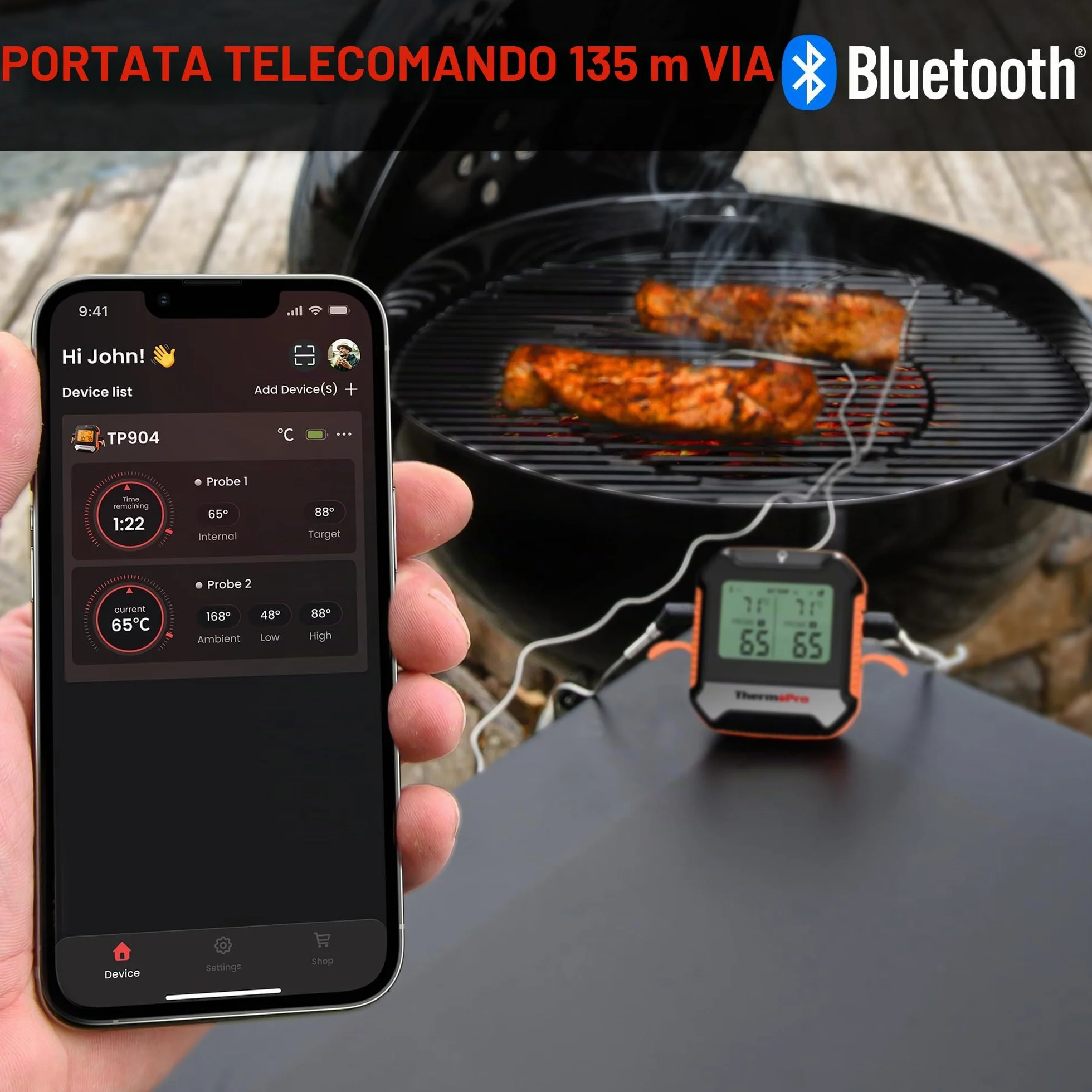 ThermoPro TempPro TP904 Termometro cucina Termometro Bluetooth per carne con 2 sonde di temperatura Termometro alimentare intelligente digitale per la cucina barbecue griglia forno affumicatore