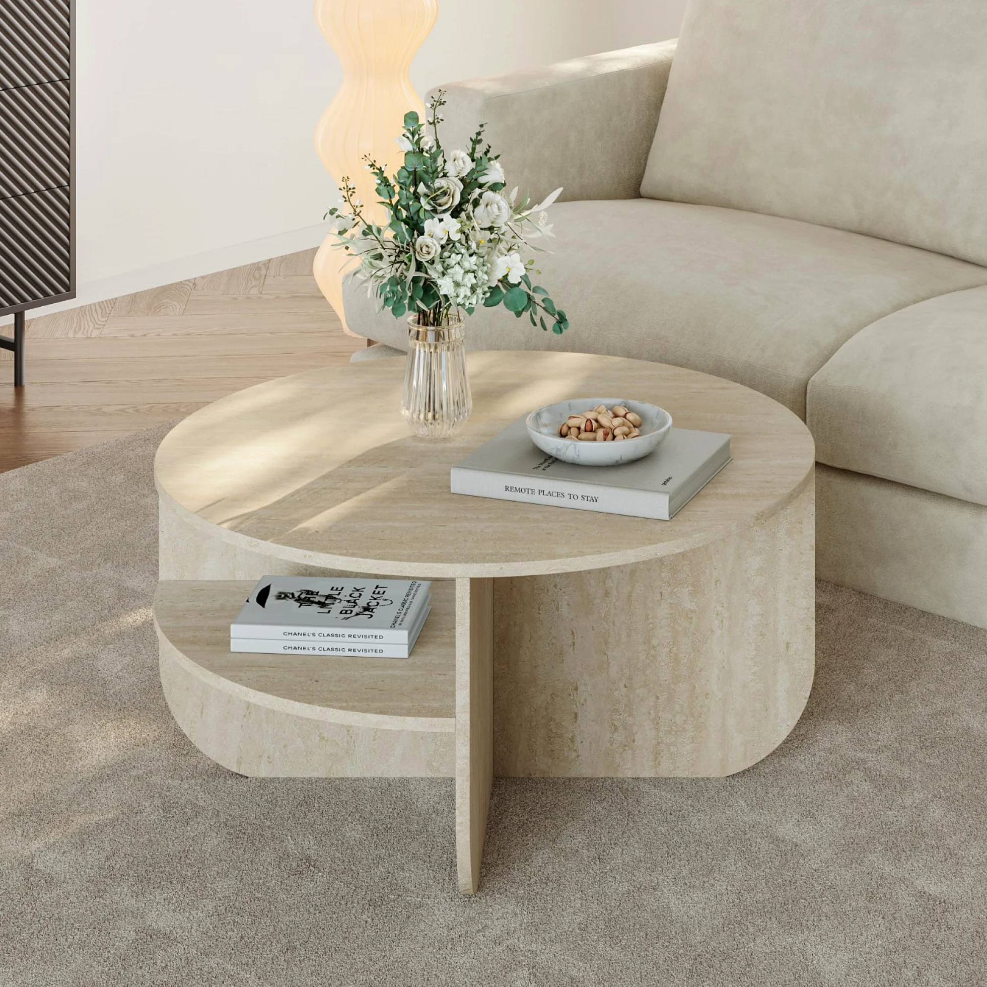 [en.casa] Tavolino Centrale da Salotto Tavolo Basso Rotondo con Ripiano Tavolino da caffè per Soggiorno Area Living Ø80 x 41 cm Color Avorio Travertin