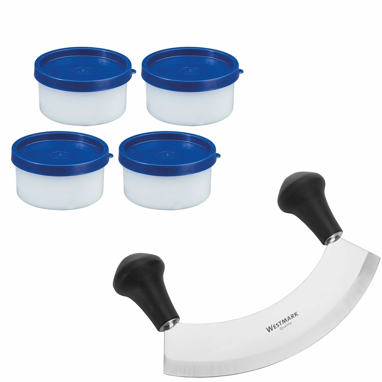 Westmark Set per Erbe, 5 Pezzi, 1 Mezzaluna + 4 Vasetti per Erbe per Congelare, Acciaio Inox/Plastica, Argento/Nero/Blu, 129322E6