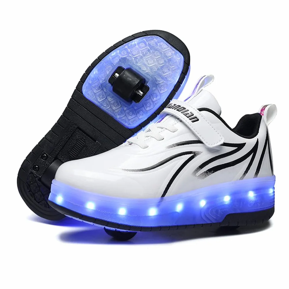 ENEN Scarpe con Ruote 2 in 1 Multifunzionali con LED Luce per Bambini Ragazze Giovani Adulti Rosa Blu Bianco 28-41 EU