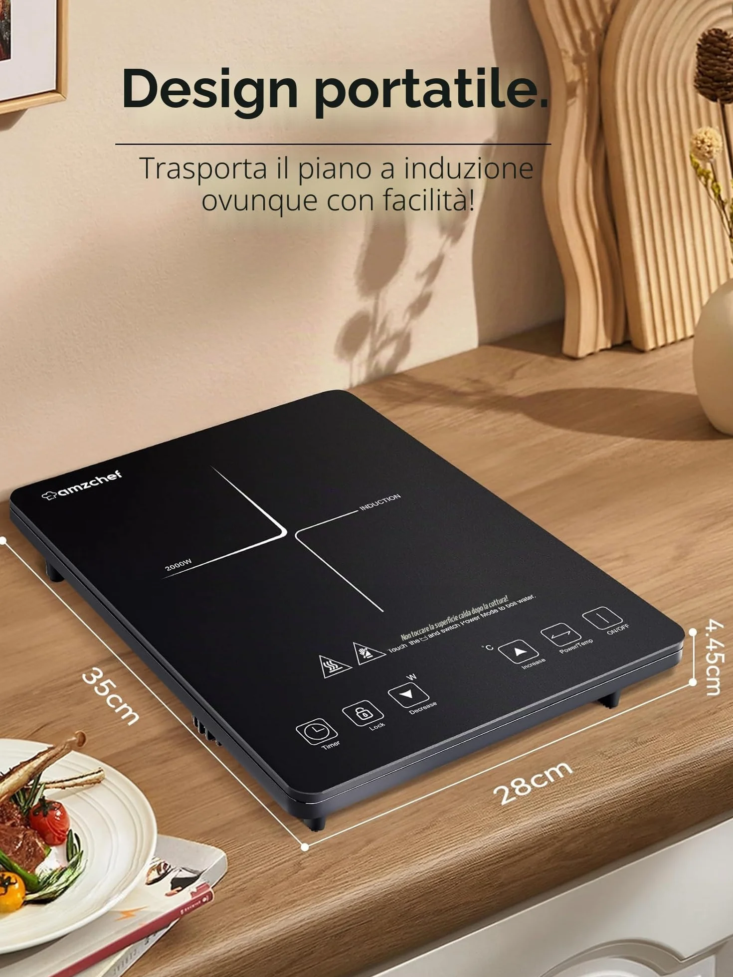 AMZCHEF Piastra a Induzione Singolo da 2000 W con 20 Livelli di Potenza e di Temperatura, Controllo Sensore Tattile, Blocco di Sicurezza, timer