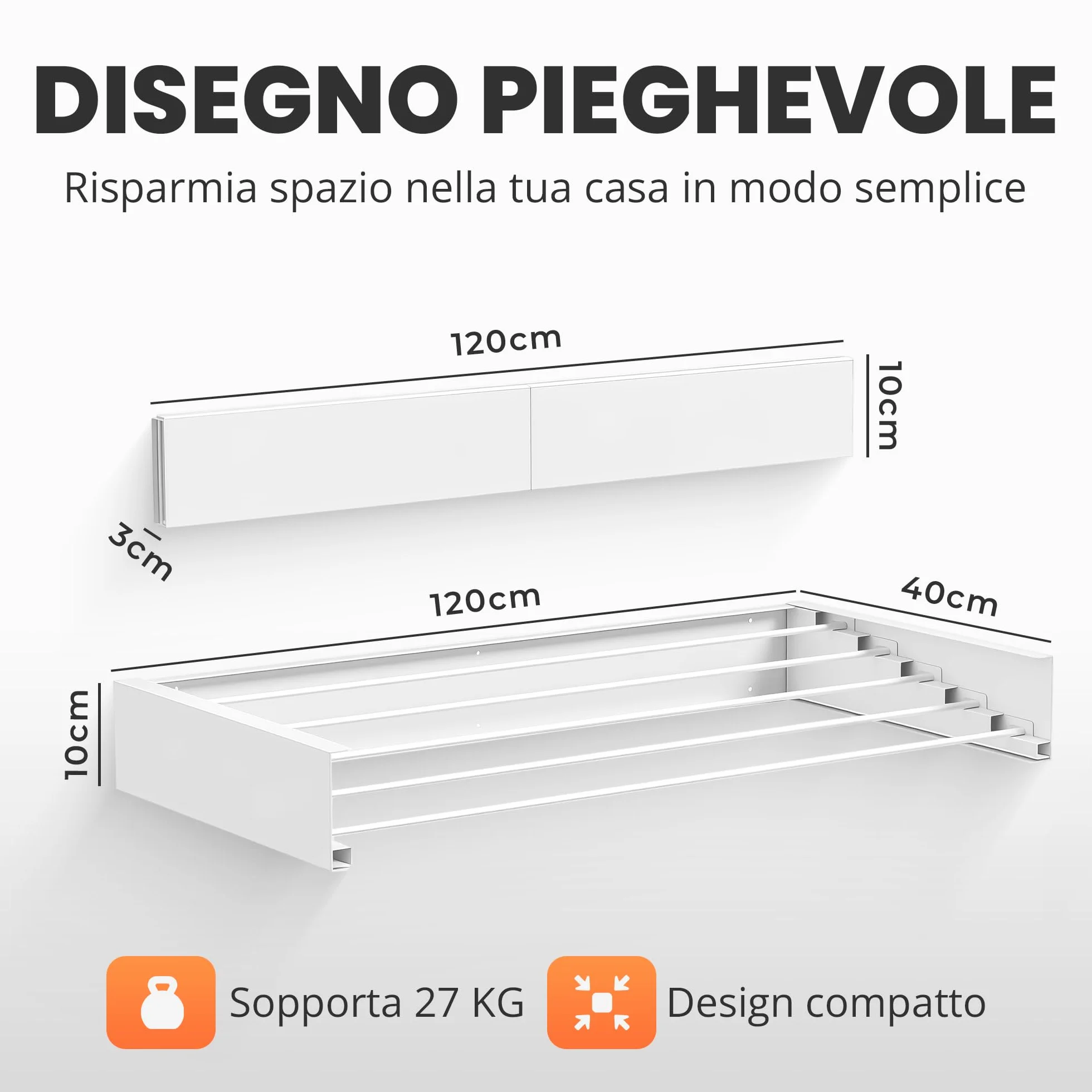 JUPPLIES Stendibiancheria da Parete Pieghevole Retrattile 120 – Stendino a Muro Richiudibile 5 Barre Alluminio Antiruggine 30 kg Bianco