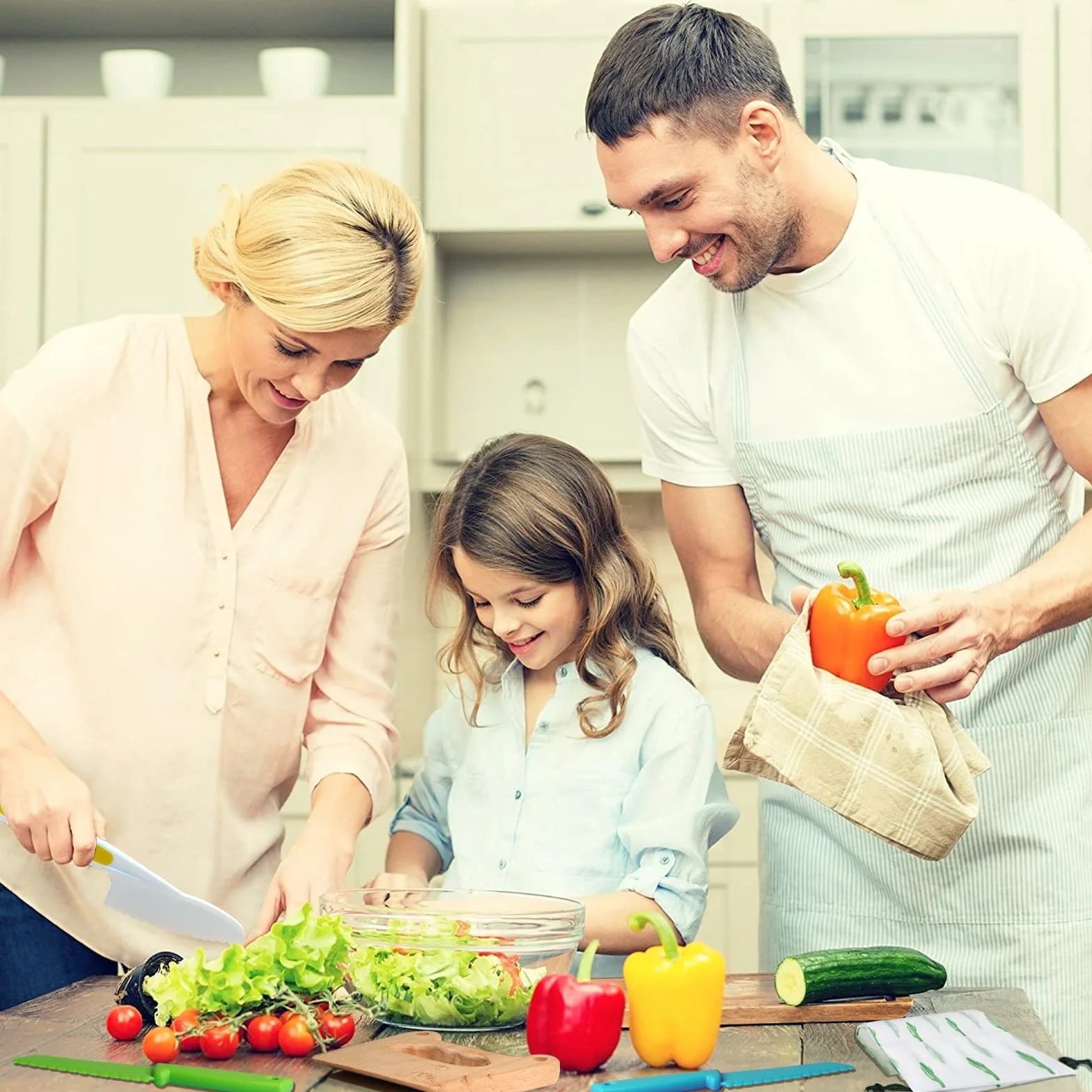 Goodchef Set di 5 coltelli da cucina per bambini per tagliare e cucinare frutta o verdura per bambini piccoli, con coltello in legno a prova di bambino a partire dai 2 anni (dinosauro dagli occhi