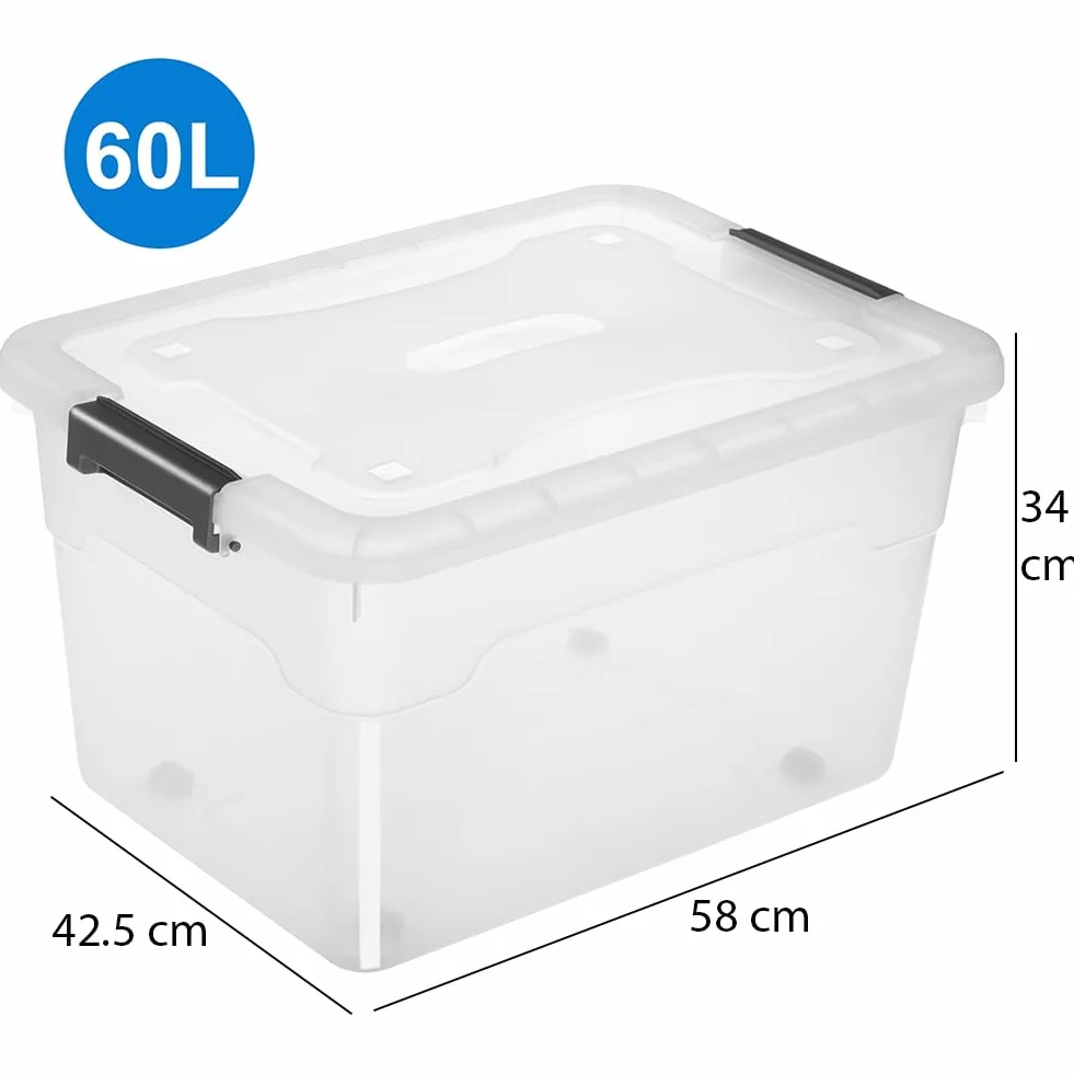 BAKAJI Set 4 Contenitori con Coperchio per Vestiti in Plastica con Ruote, Impilabile per Stoccaggio, 60 Lt Alto