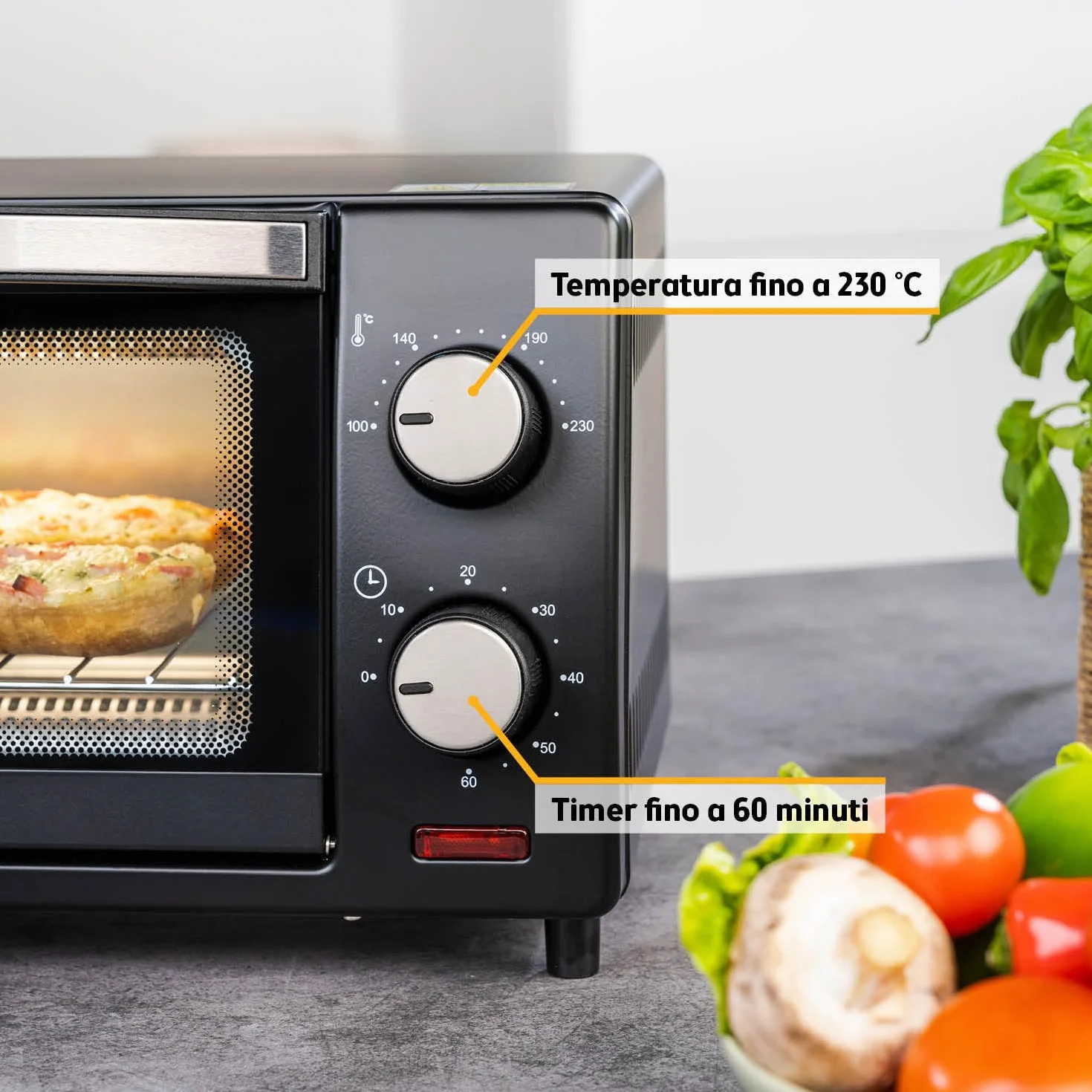 Forno Mini 10L 800W First Austria Fornetto con regolazione temperatura 230°C timer 60 min 2 altezze teglia griglia