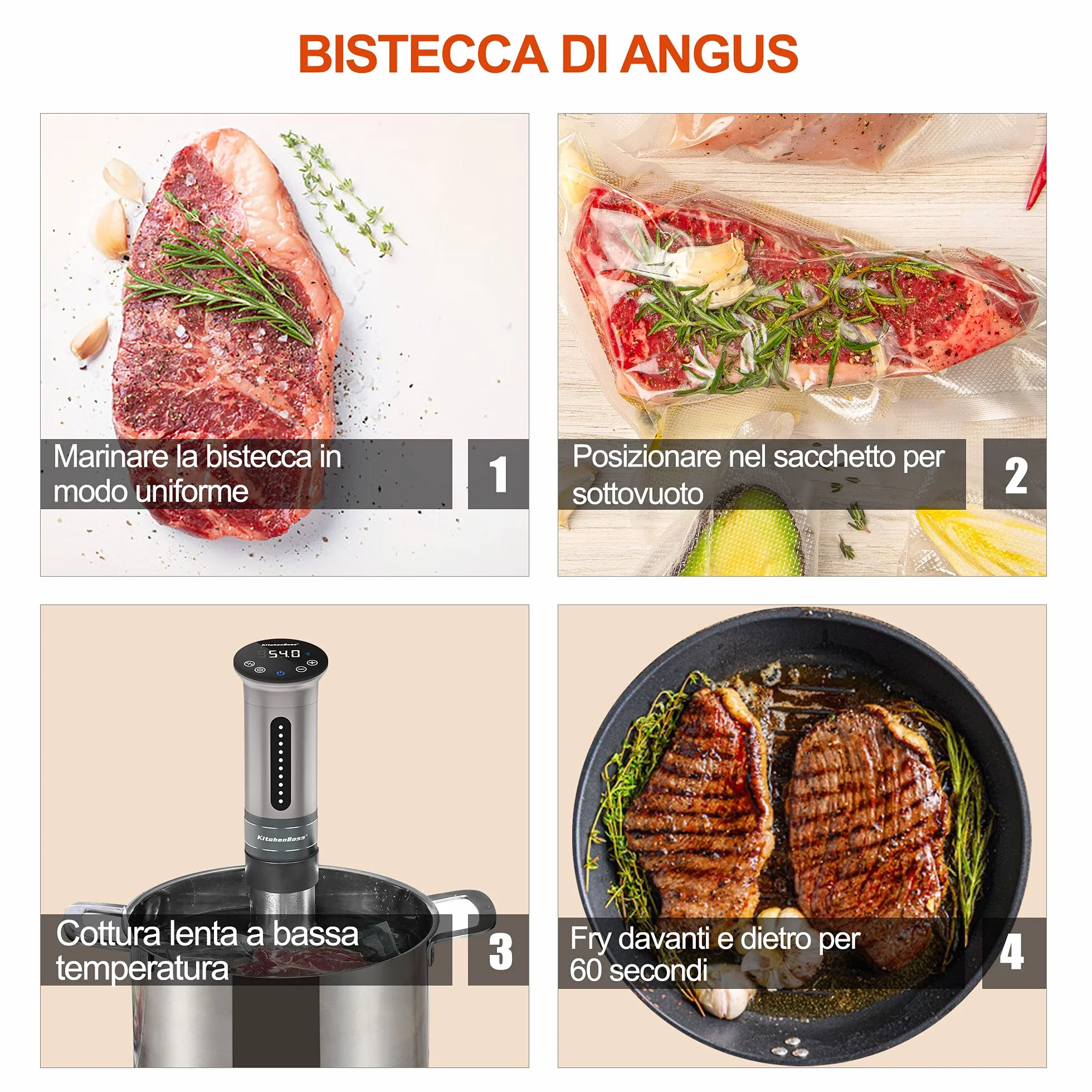 KitchenBoss Sous Vide Roner Cucina a Bassa Temperatura Slow Cooker Circolatore Termico Professionale IPX7 Impermeabile Timer Touch Screen Argento