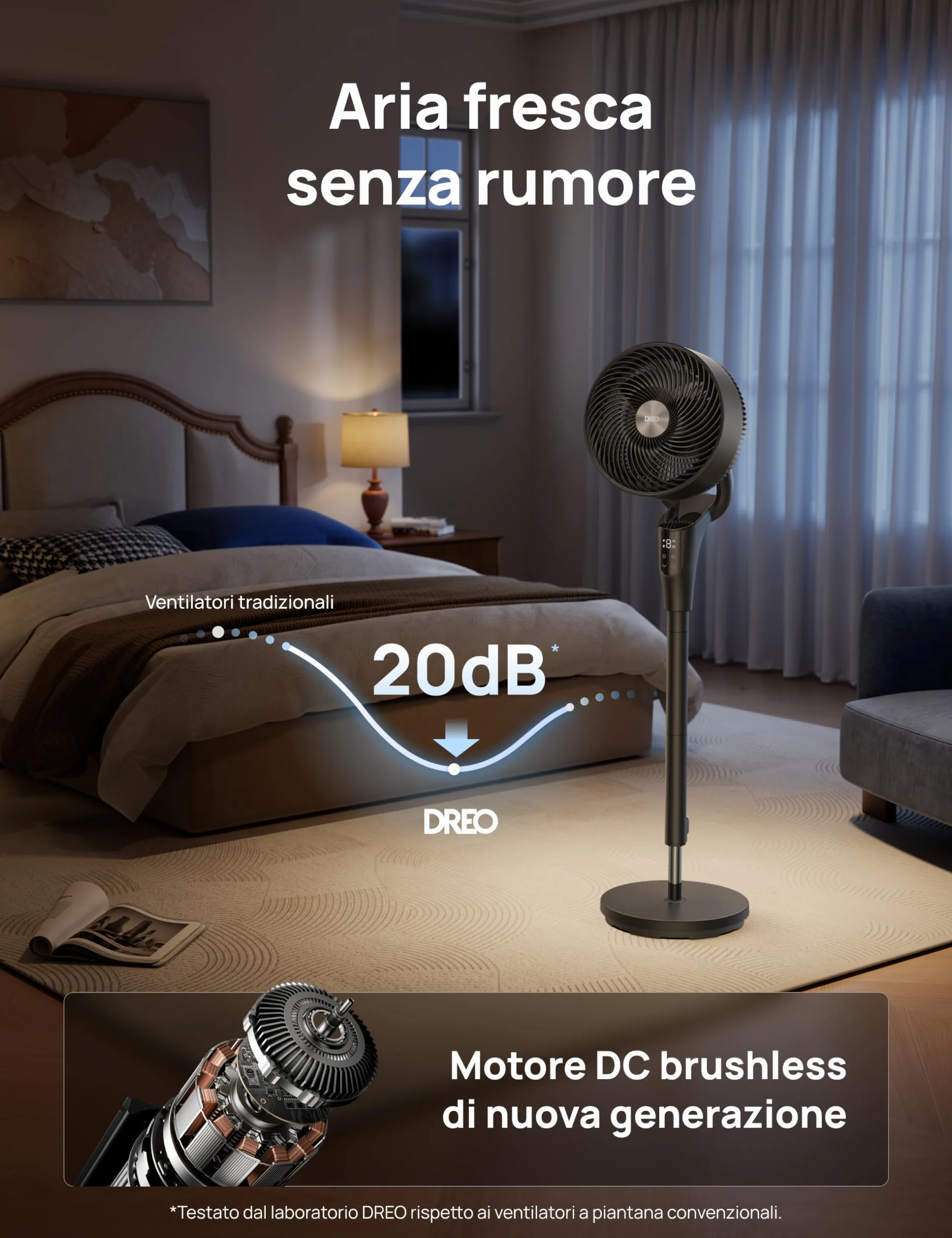 DREO Ventilatore a Piantana Silenzioso per Camera da Letto [Aggiornato], Flusso d’Aria 27m, 20dB, Oscillazione 90°, Motore DC, 8 Velocità, 3 Modalità, Altezza 96–106cm, Timer 8H, Inclinazione 105°
