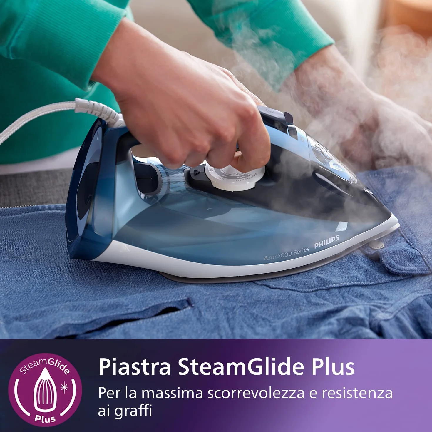 Philips Azur Series 7000 Ferro da Stiro a Vapore - 2800 W, Vapore Continuo 50g/min, Colpo Vapore da 250 g, Vapore Verticale, Piastra SteamGlide Plus, Blu/Azzurro (DST7020/20)