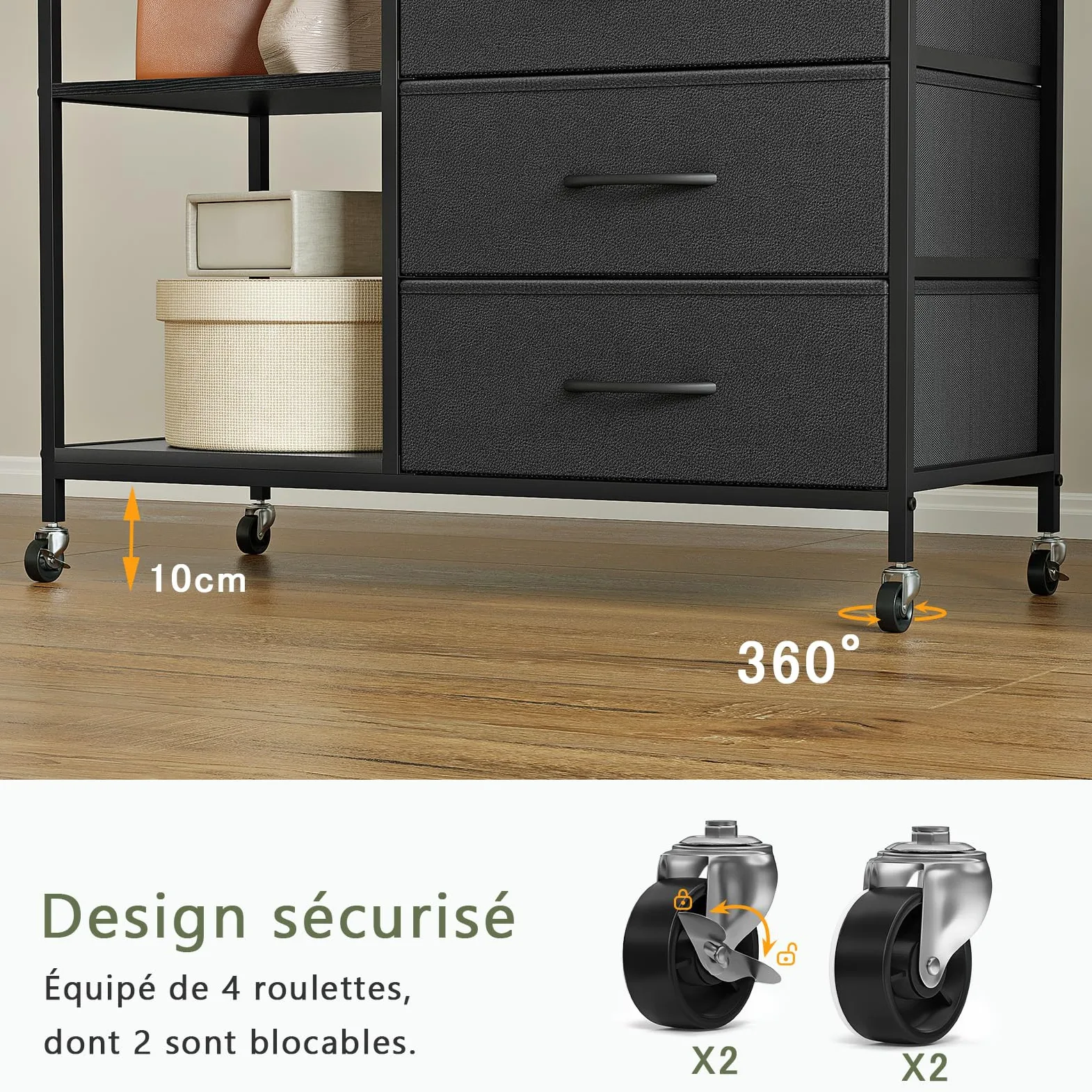 Appendiabiti con Cassetti, Stand Appendiabiti, Armadio Aperto, Guardaroba, Attaccapanni Moderno, Ripiani Regolabili, 4 Ganci, Nero
