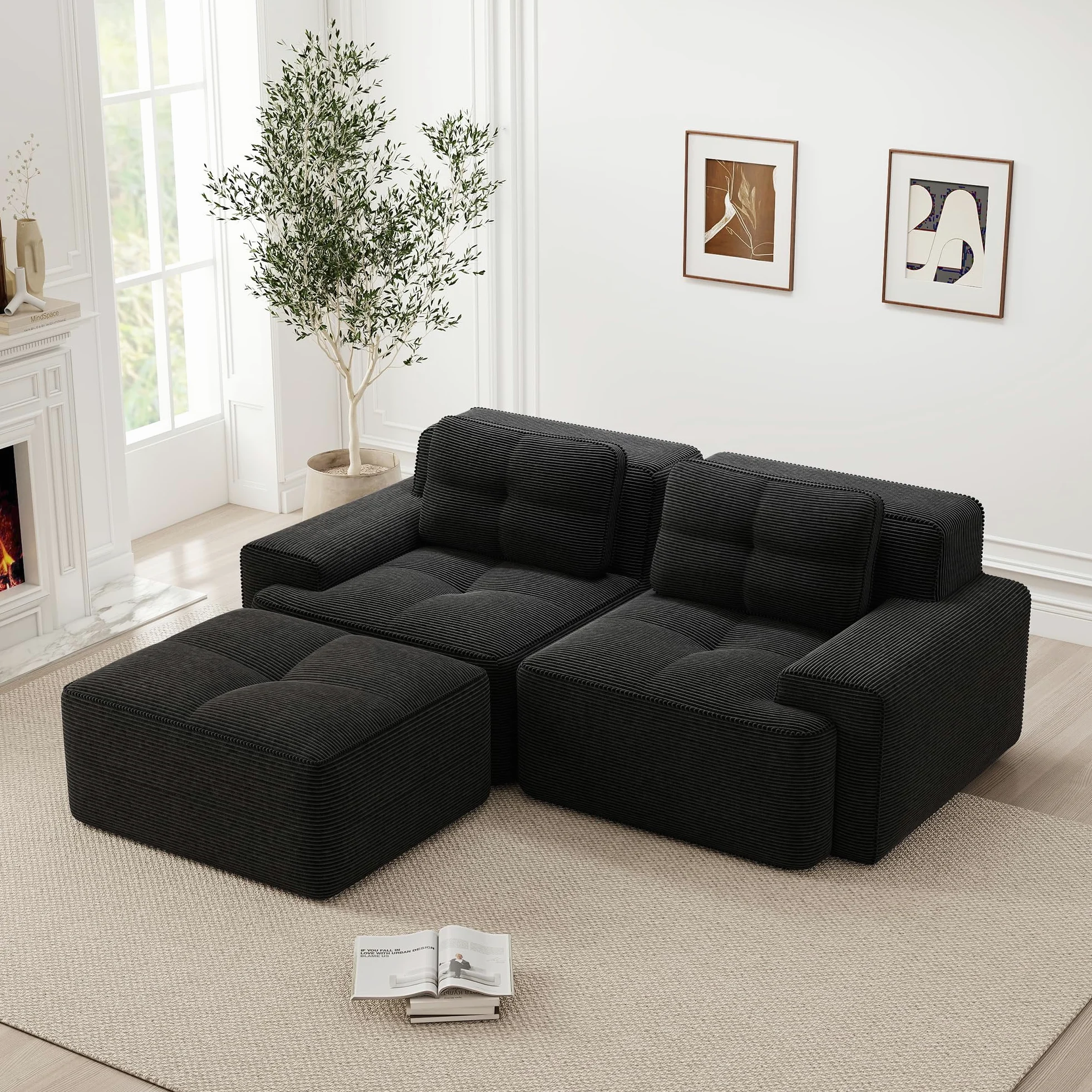 Divano modulare nero Boneless, moderno divano modulare a L per soggiorno, comodo divano in corduroy cloud con ottomano, divano letto a due posti trapuntato