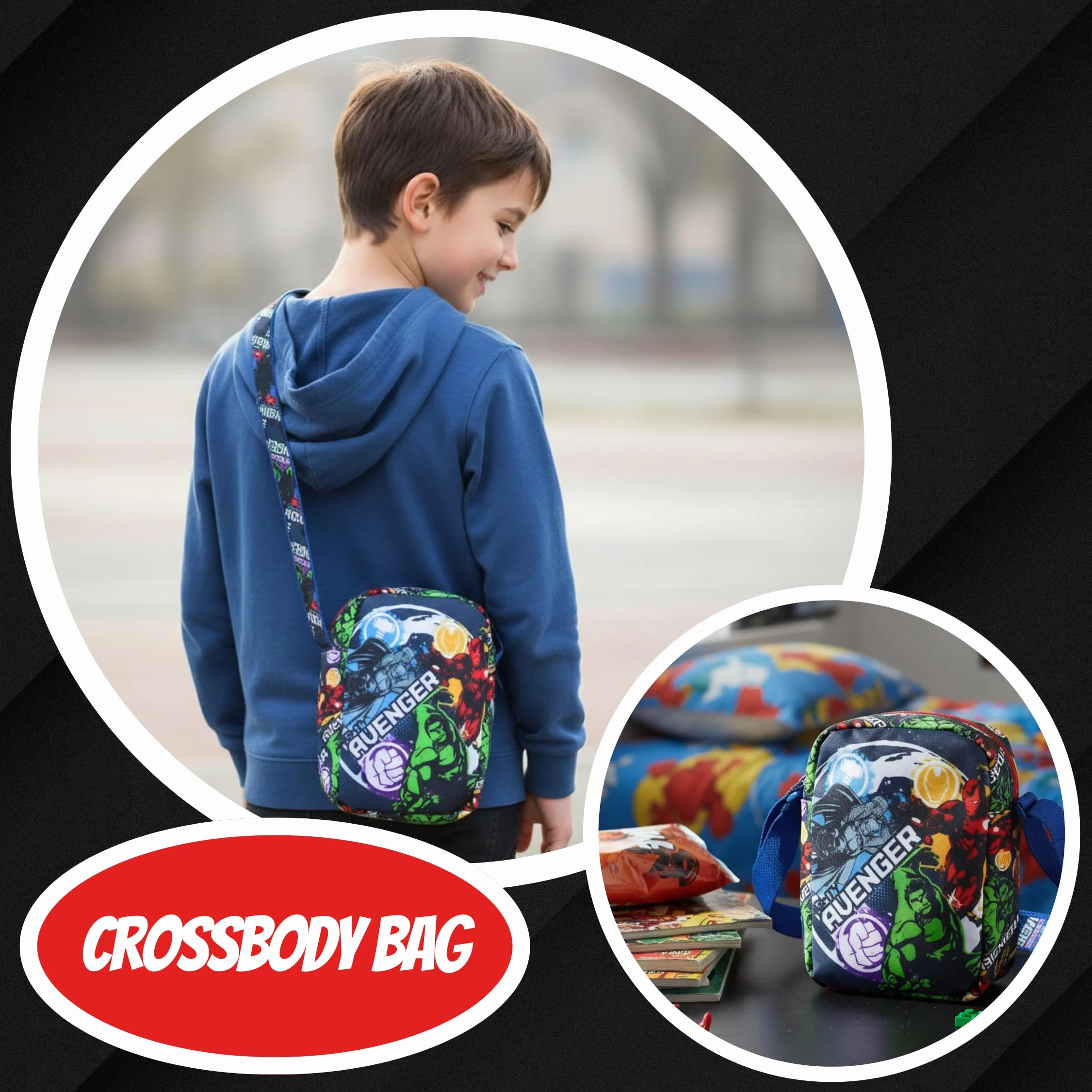 Marvel Avengers Borsa per Ragazzi, Design Thor, Iron Man e Hulk, Borsa Regolabile, Regalo per Bambino