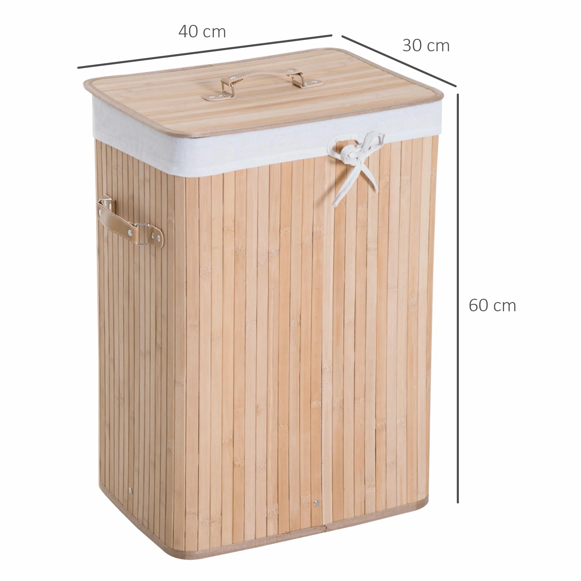 HOMCOM Cesto Portabiancheria in Bambù con Coperchio, Cestino per Biancheria con Sacco in Tessuto Rimovibile, 40x30x60cm, Naturale