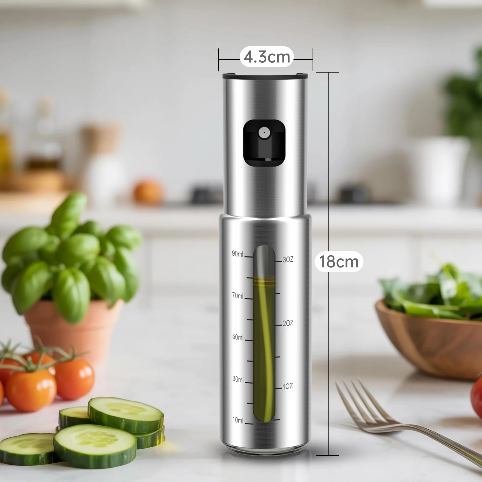 KitchenBoss Spruzzino Olio in Acciaio Inox 100ml per Friggitrice Aria, Spruzzi per Insalate, Grigliate e Fritture