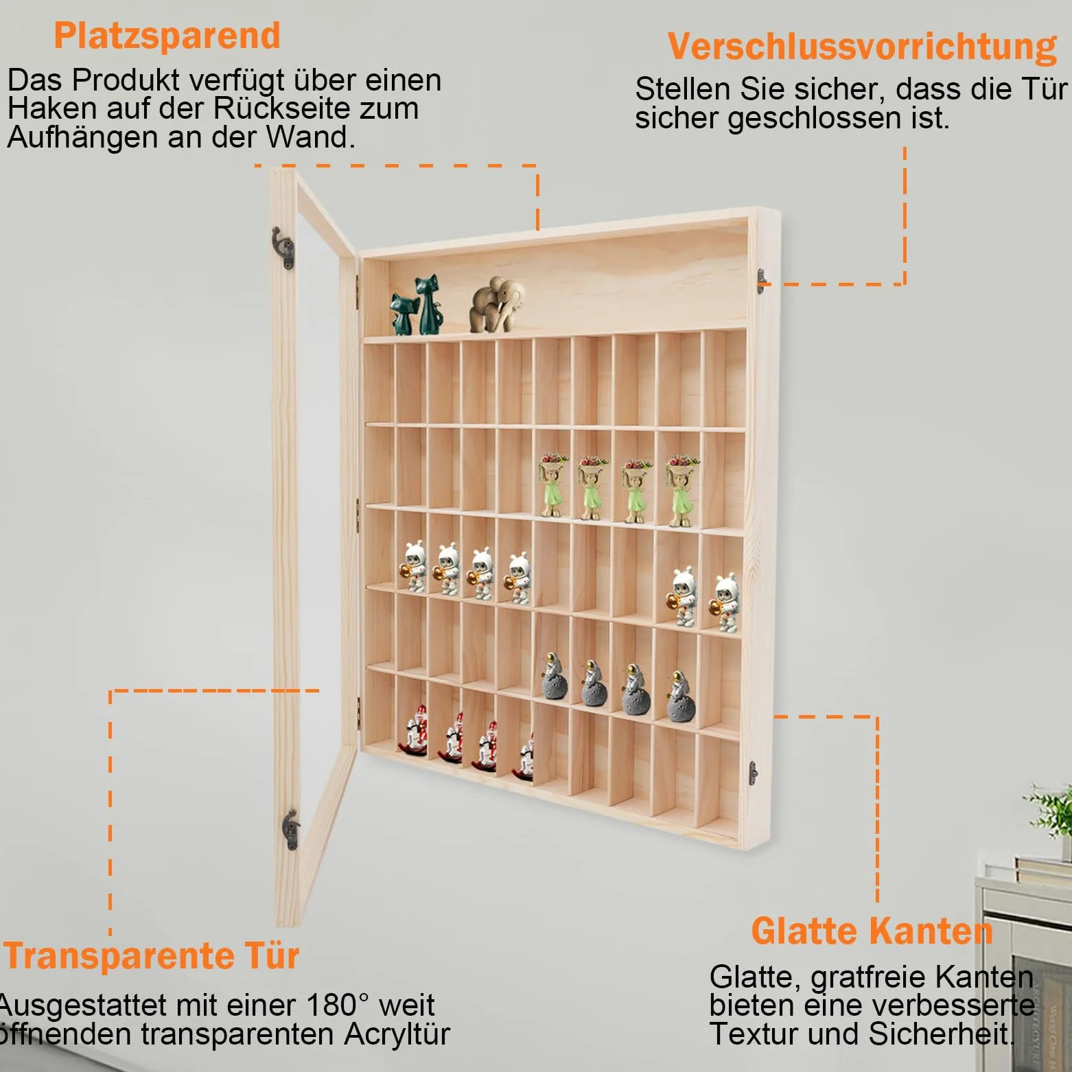 Vetrina da collezione, in legno, vetrina da parete, mensola da appendere, 50 scomparti, vetrina in vetro da appendere con disco per cameretta dei bambini