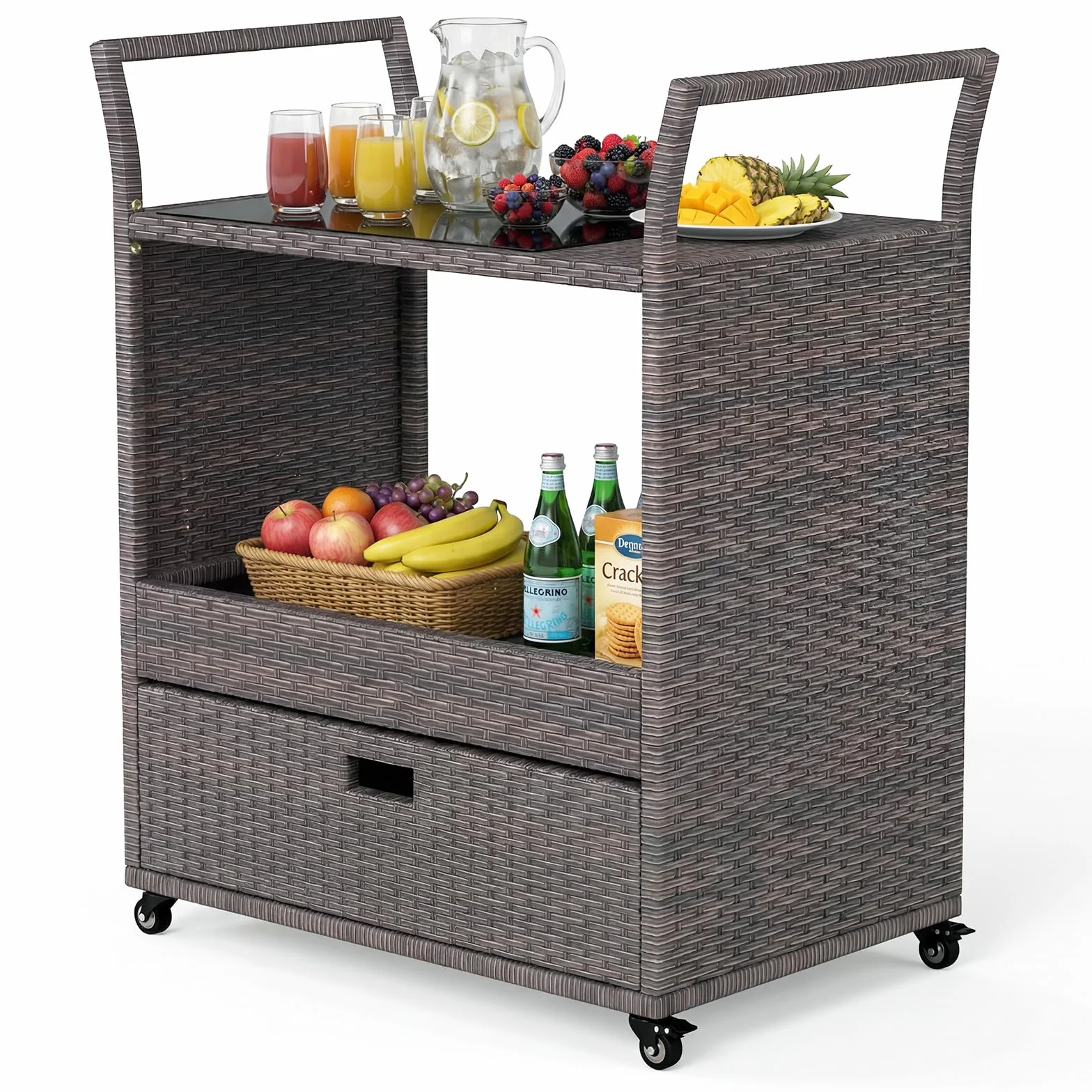 SOARS Carrello Bar in Rattan PE, Tavolo Bar da Esterno con Ruote, Ripiano Aperto, Cassetto e Piano in Vetro Temperato, Carrello di Servizio con Maniglie per Giardino, Cortile, Piscina, 85 X 47 X 92 CM