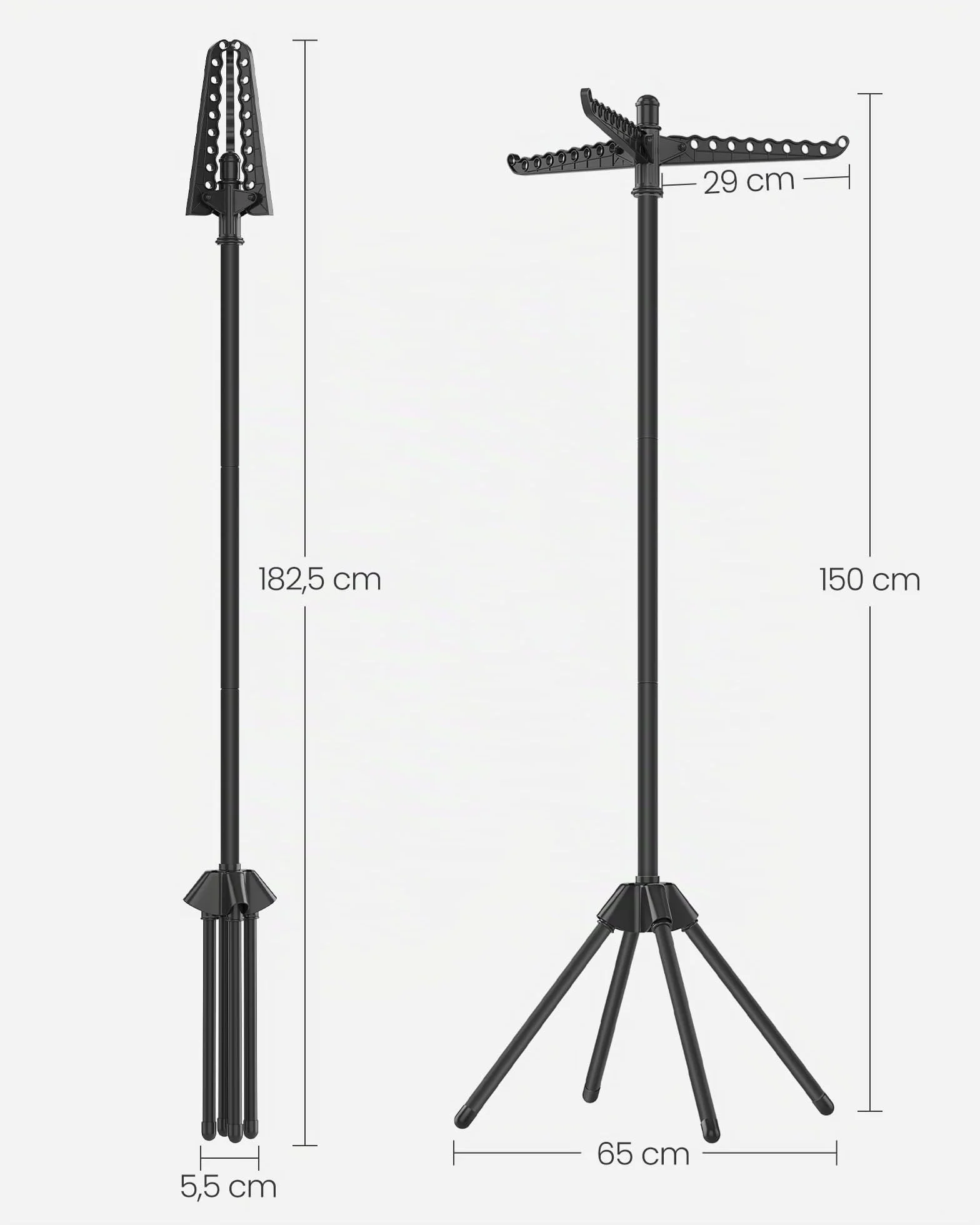 SONGMICS Stendibiancheria Verticale Salvaspazio, Stendino da Terra, 3 Bracci Girevoli, 4 Gambe, per Uso Interno, Acciaio Inossidabile, per fino a 27 Capi, Altezza 150 cm, Nero LLR510B01