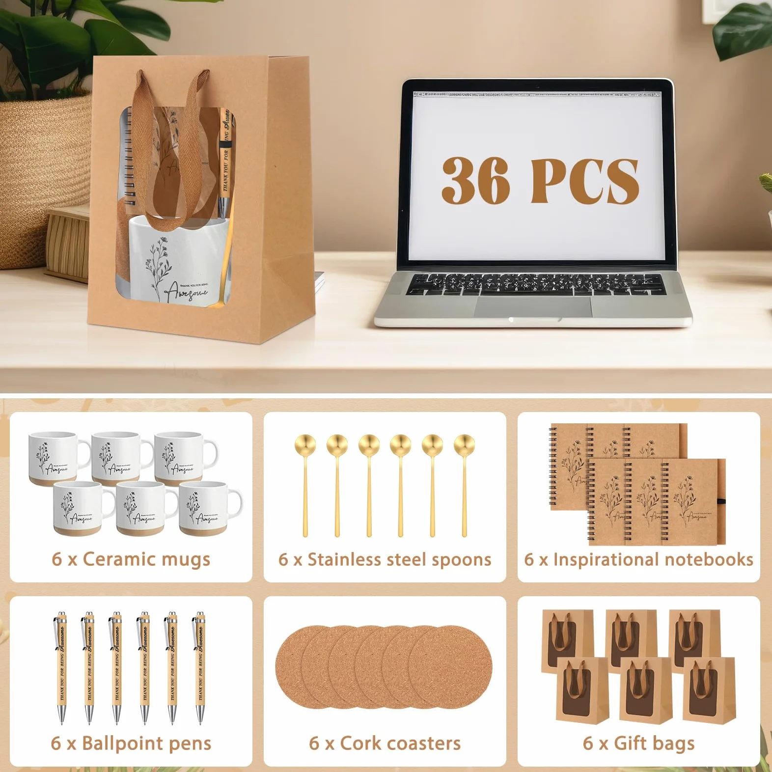 Vesici Set regalo di ringraziamento per i dipendenti, tazza da caffè con cucchiaio, diario ispiratore, penna a sfera, set regalo per colleghi, personale e insegnanti (36 pezzi)