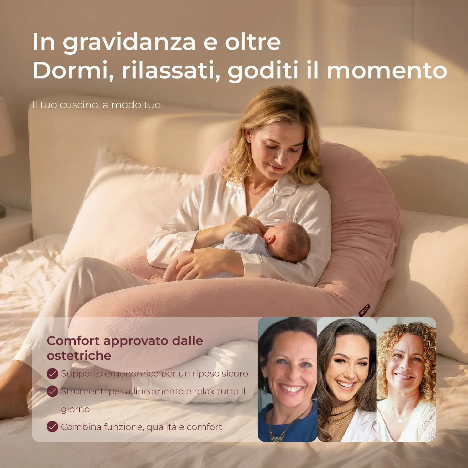 momcozy U Lite Cuscino Gravidanza, Cuscino Premaman Simmetrico per Dormire sul Fianco, Supporto per Pancia, Schiena, Fianchi e Gambe, Tessuto Crêpe di Cotone Elasticizzato, Più Stretto e Leggero
