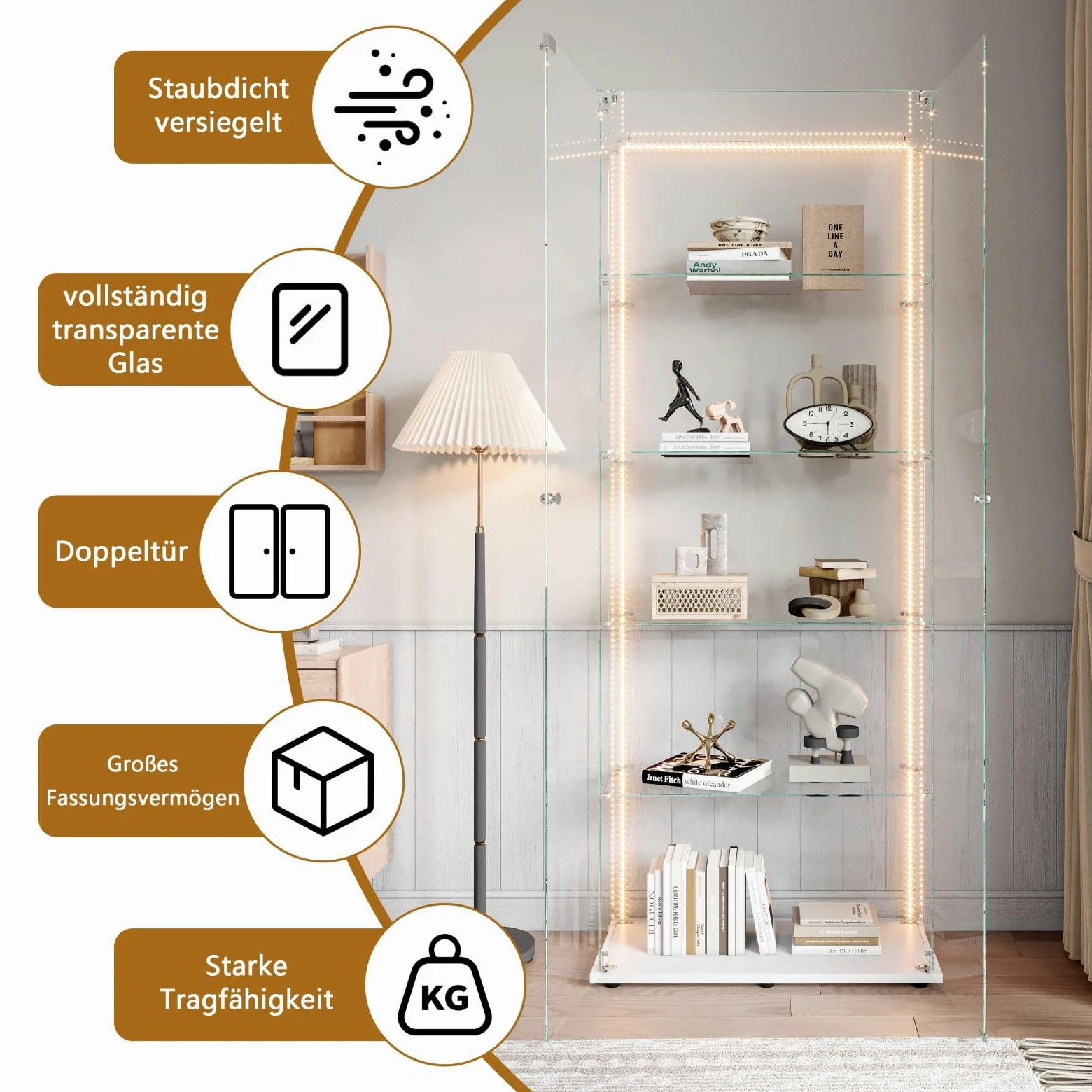 BestAlice Vetrina in vetro, armadietto da collezione con striscia luminosa a LED e lucchetto, armadietto con 2 ante, 5 ripiani, cassetta di presentazione, mobili trasparenti, per soggiorno, bar