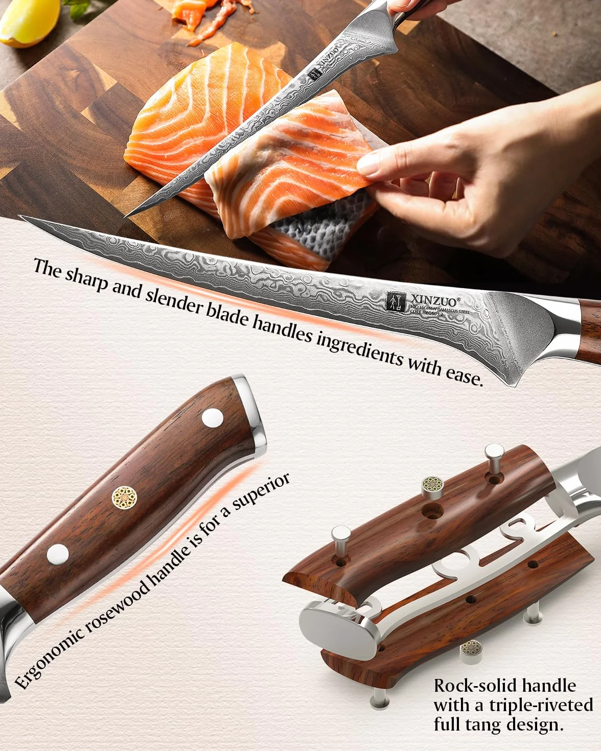 XINZUO Coltello per Sfilettare da Cucina 18cm Acciaio Damasco 67 Strati Manico in Legno di Rosa