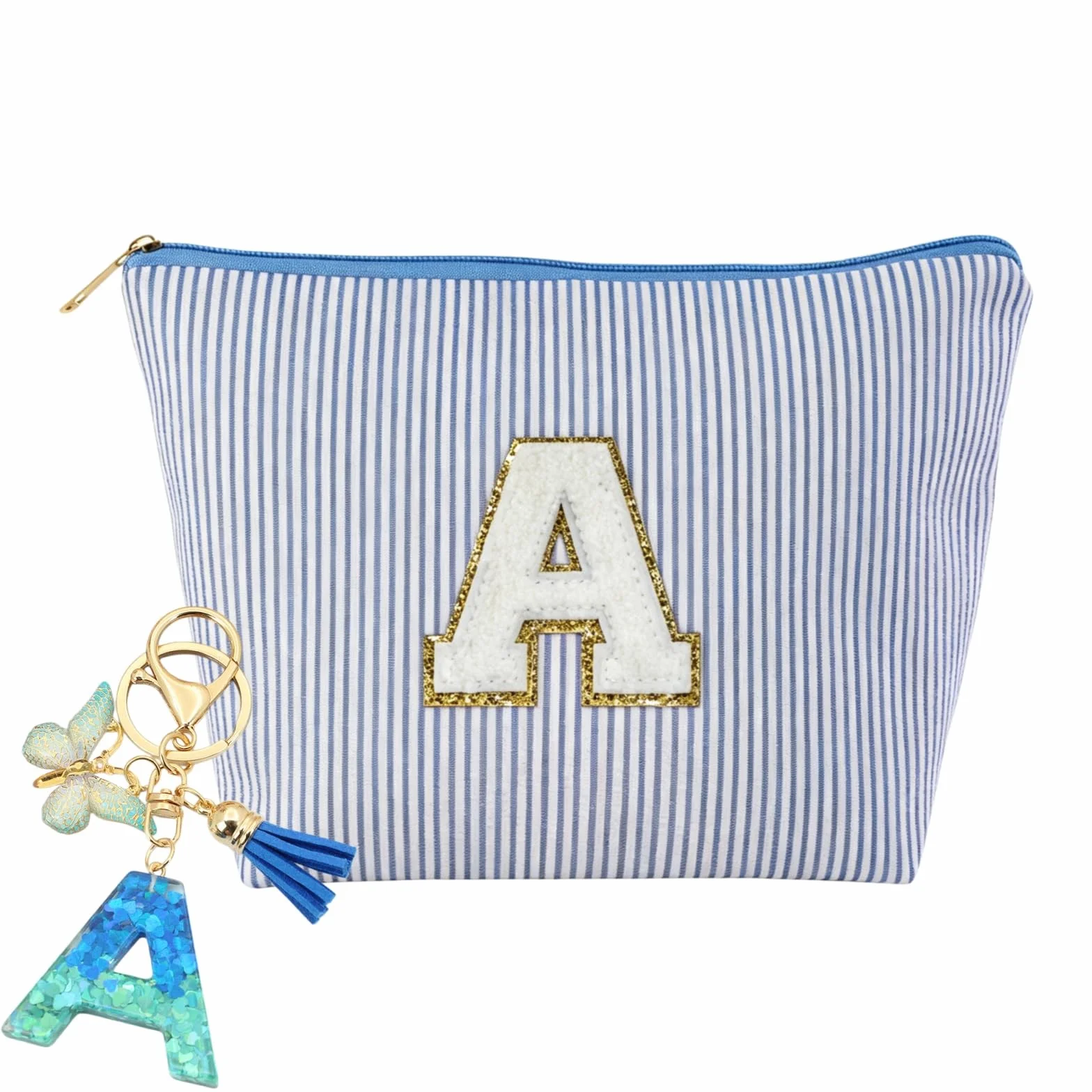 Pochette Personalizzata Beauty Case Portachiavi Bambina Ragazza con Iniziale Regali Personalizzati per Donna (Blu)