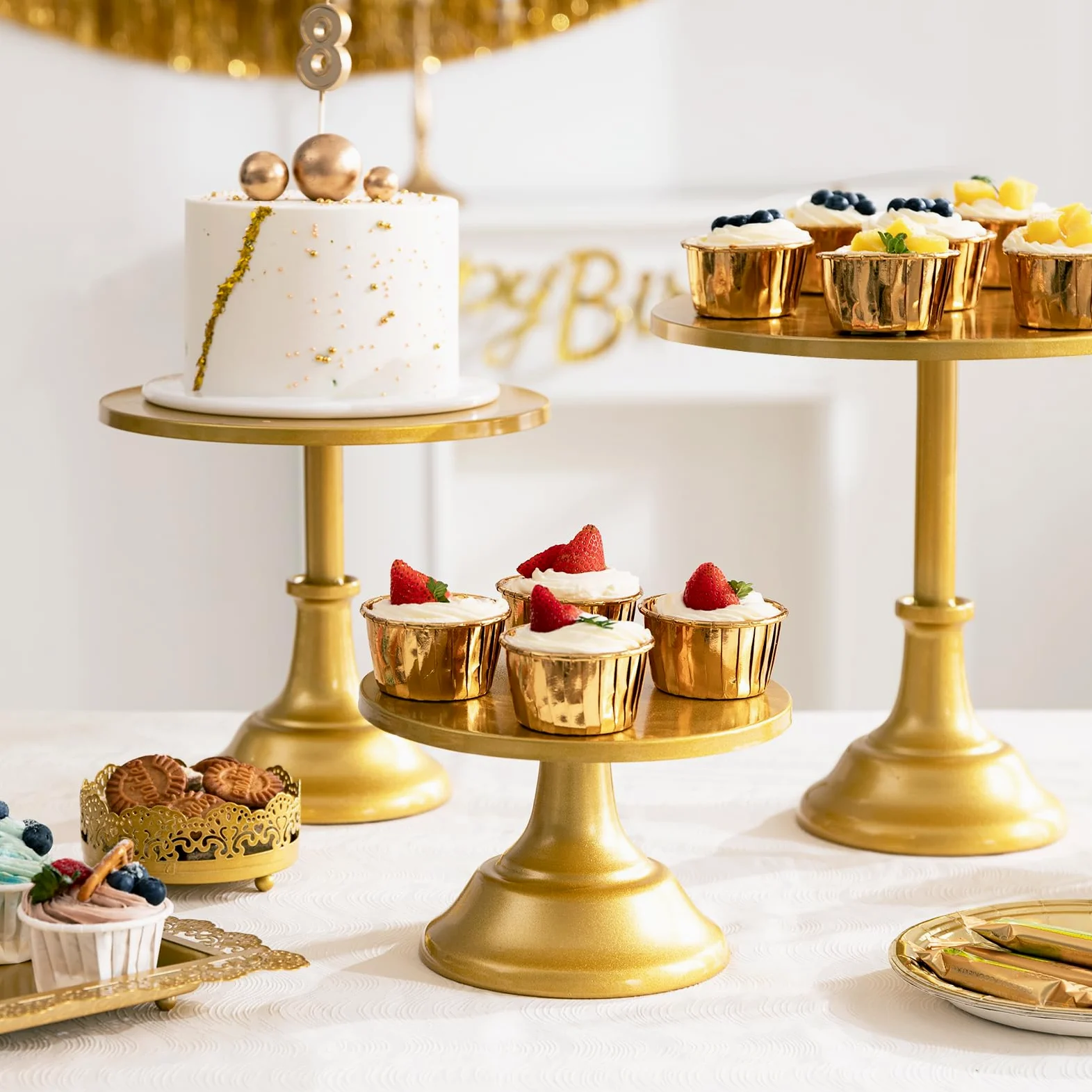 HBlife Set di 3 alzate per torte, color oro, diametro 20,3 cm, 25,4 cm, 30,5 cm, perfetto per dessert, cupcake e torte per feste, matrimoni, compleanni, baby shower, anniversari (metallo)