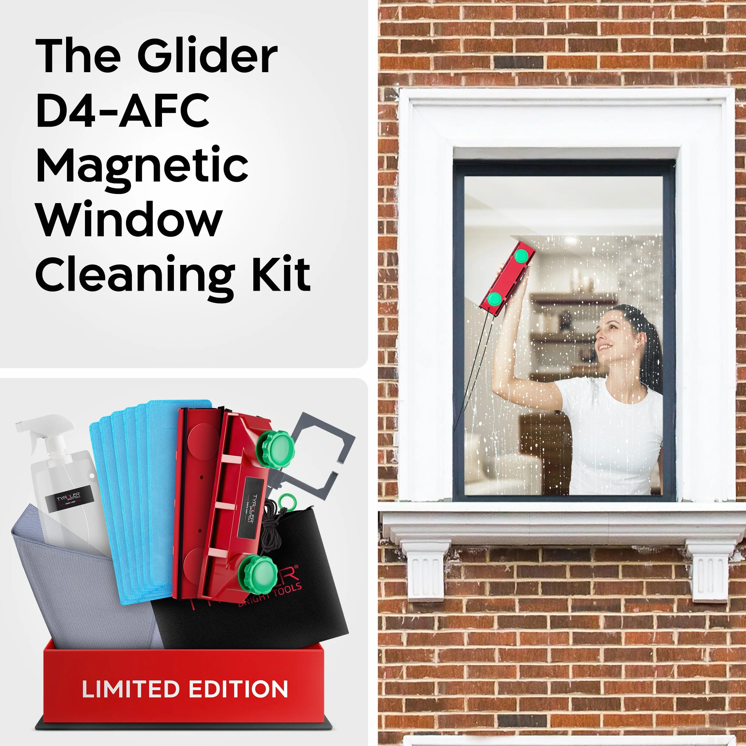 Tyroler Il Glider D-4 Lavavetri Magnetico per Doppio Vetro | Per Vetri da Singoli a Tripli 2-40mm | Pulisci Vetri Magnetico Doppio Per Vetro | Kit Completo per Pulizia Finestre