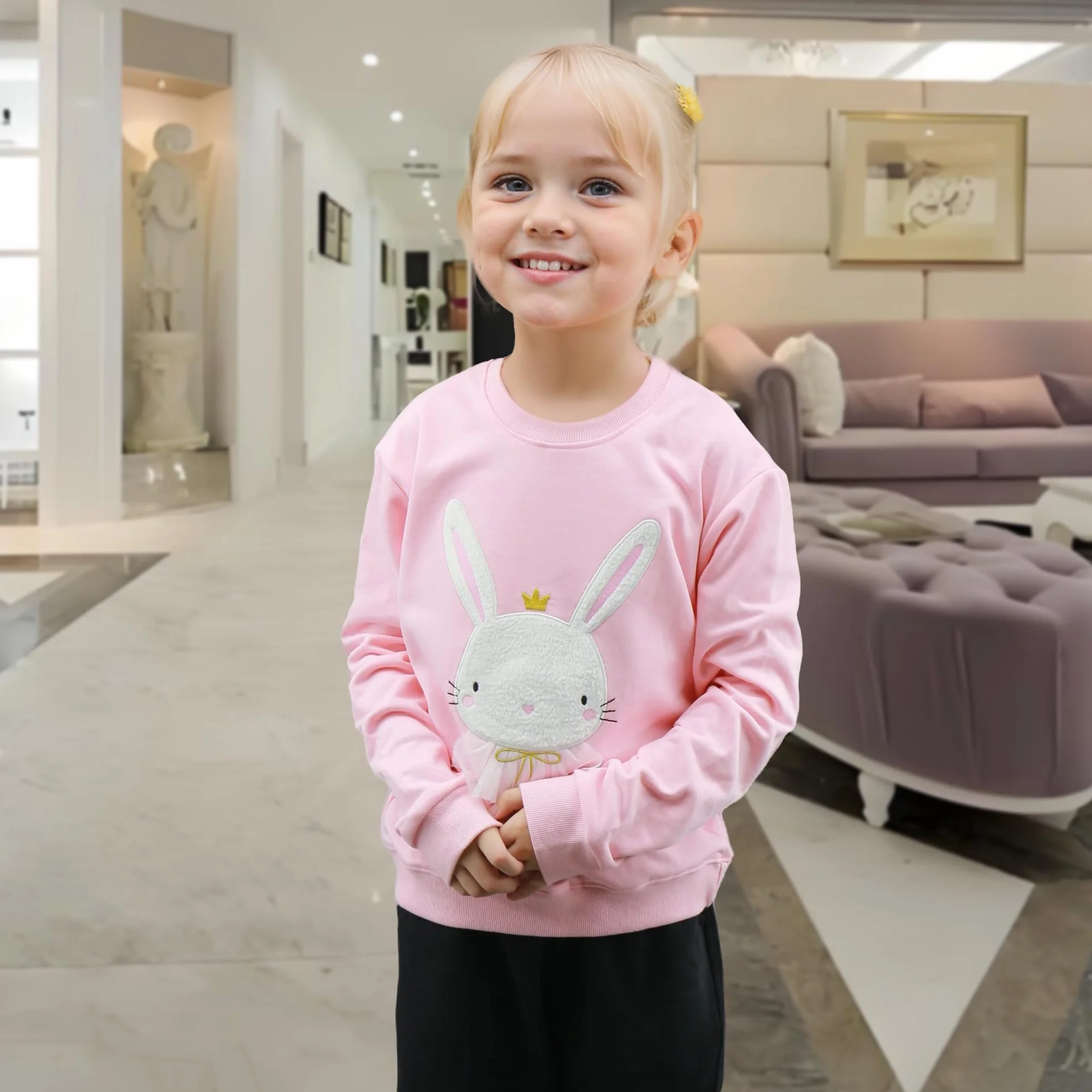 Felpa Ragazza Cotone Animalier Ricamo Paillette Manica Lunga Pullover Girocollo Casual Maglia per Bambini 2-7 Anni