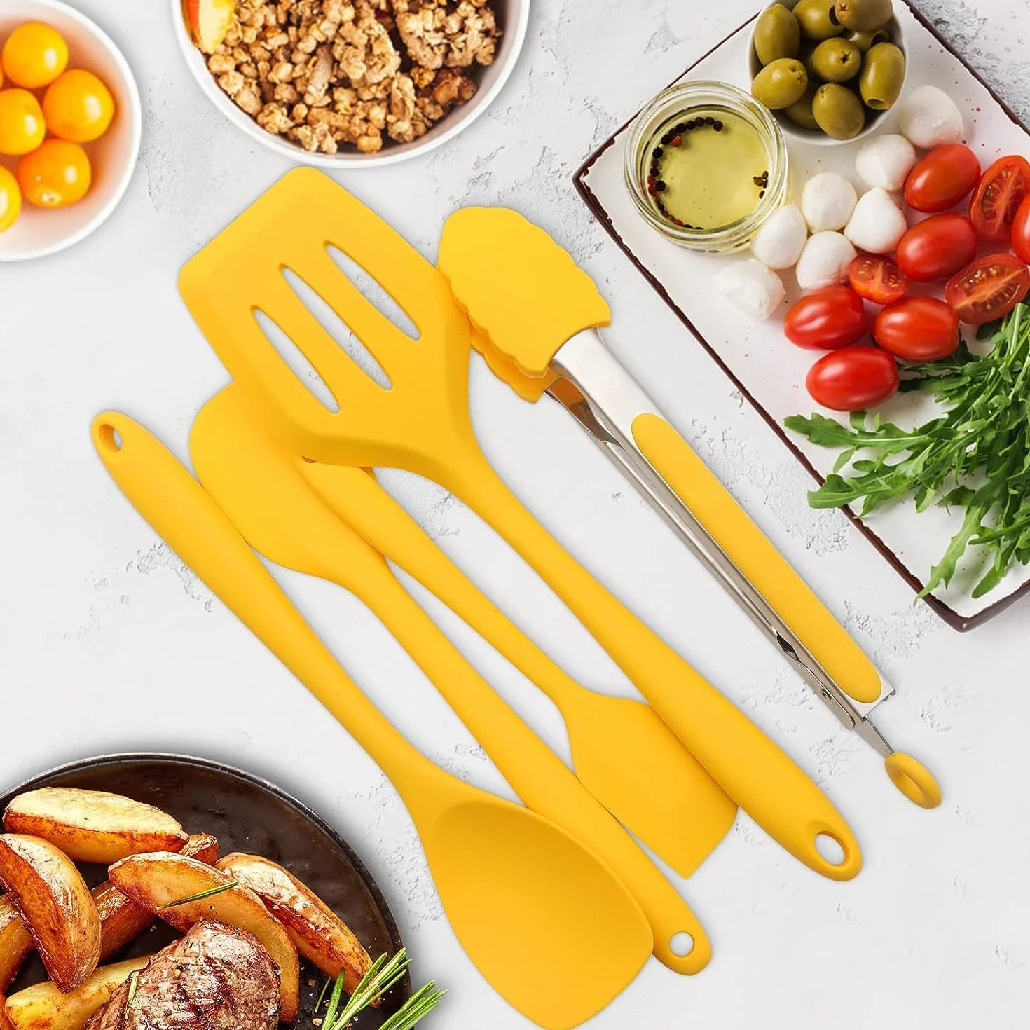 Set di utensili da cucina in silicone antiaderente con supporto in ferro, 11 pezzi (giallo)