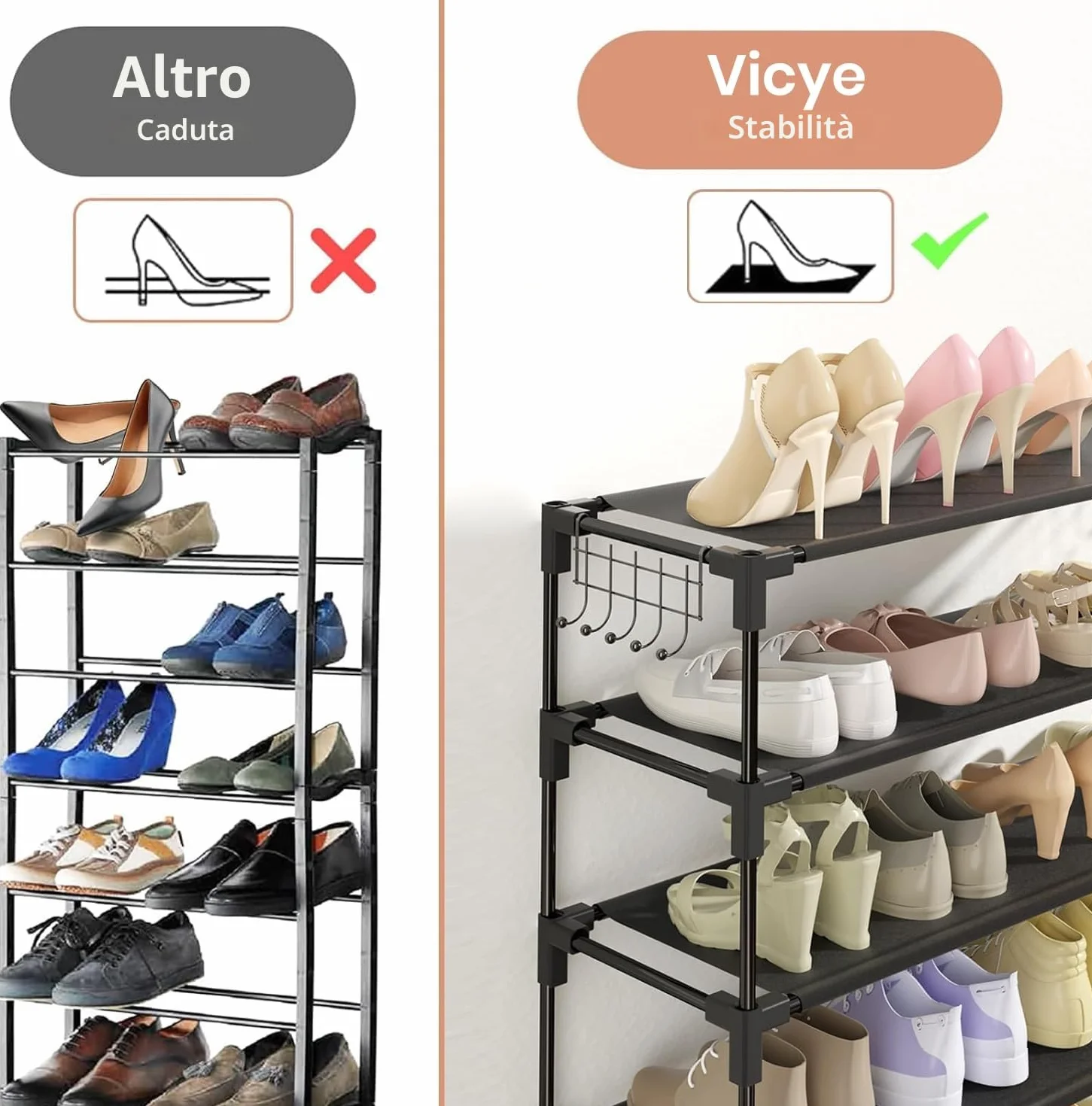 Vicye Scarpiera 10 Ripiani in Metallo per 50 Paia di Scarpe Nera Verticale Organizzatore Ingresso
