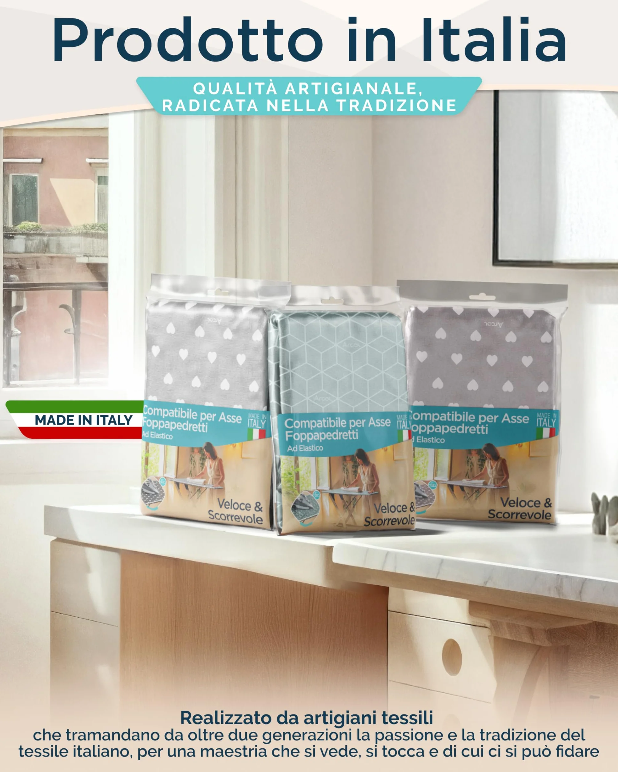 ARCOL Copriasse da Stiro ad Elastico Compatibile per Asse da Stiro Foppapedretti - Made in Italy - Ricambio Copertura asse da Stiro 100% Cotone - Telo asse da stiro (Copertina, Beige Cuori Bianchi)