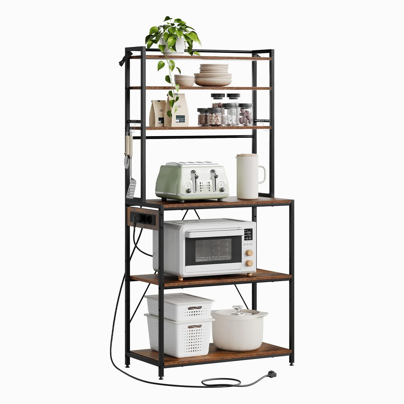 WOLTU Scaffale da Cucina a 6 Livelli con Prese di Corrente, Scaffale per Microonde con Struttura in Metallo e Piano di Lavoro Aperto, Nero+Marrone Rustico, 80x39,5x167cm
