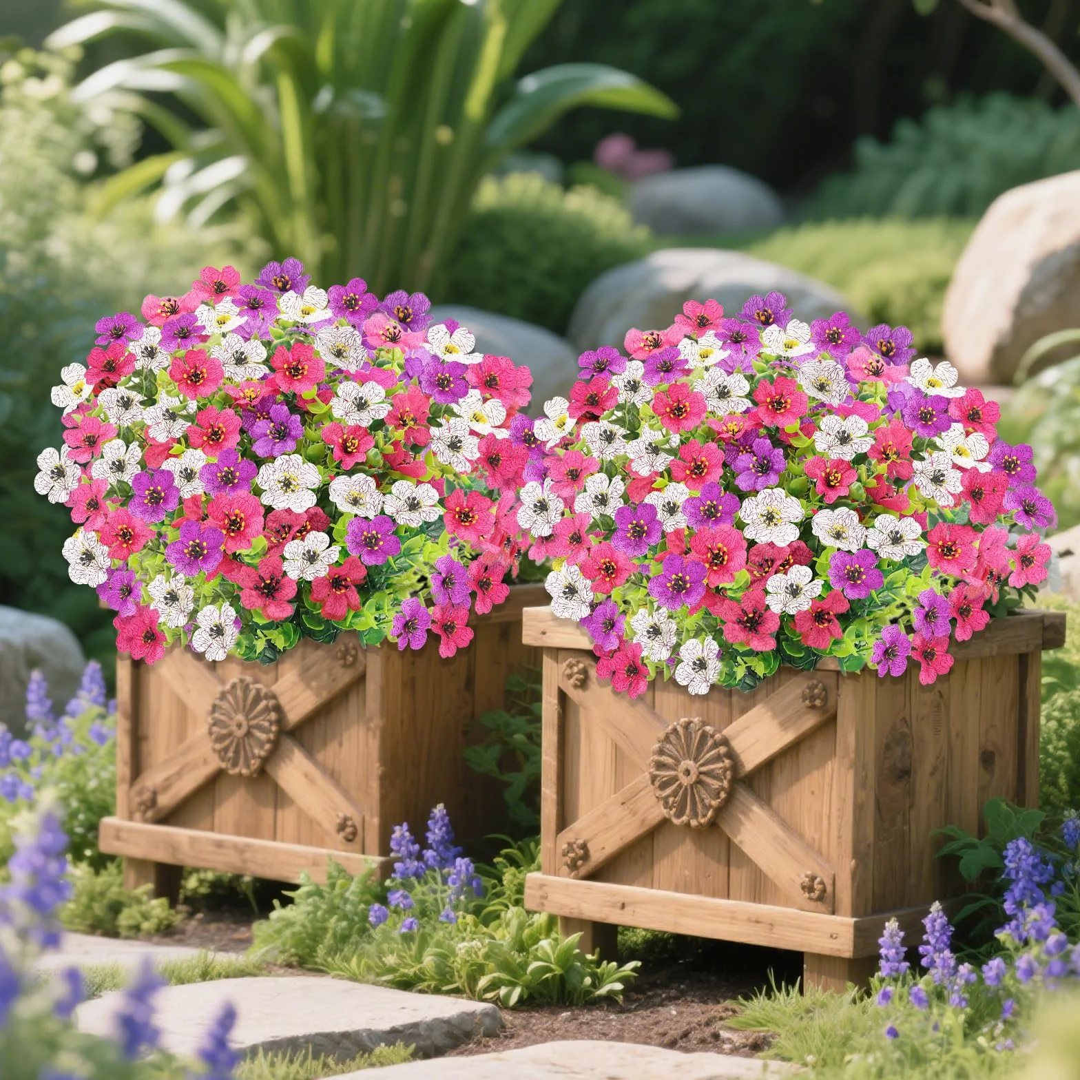 Fiori Finti da Esterno UV-Resistenti, 6 Fasci 3 Colori Piante da Vaso Artificiali per Balcone