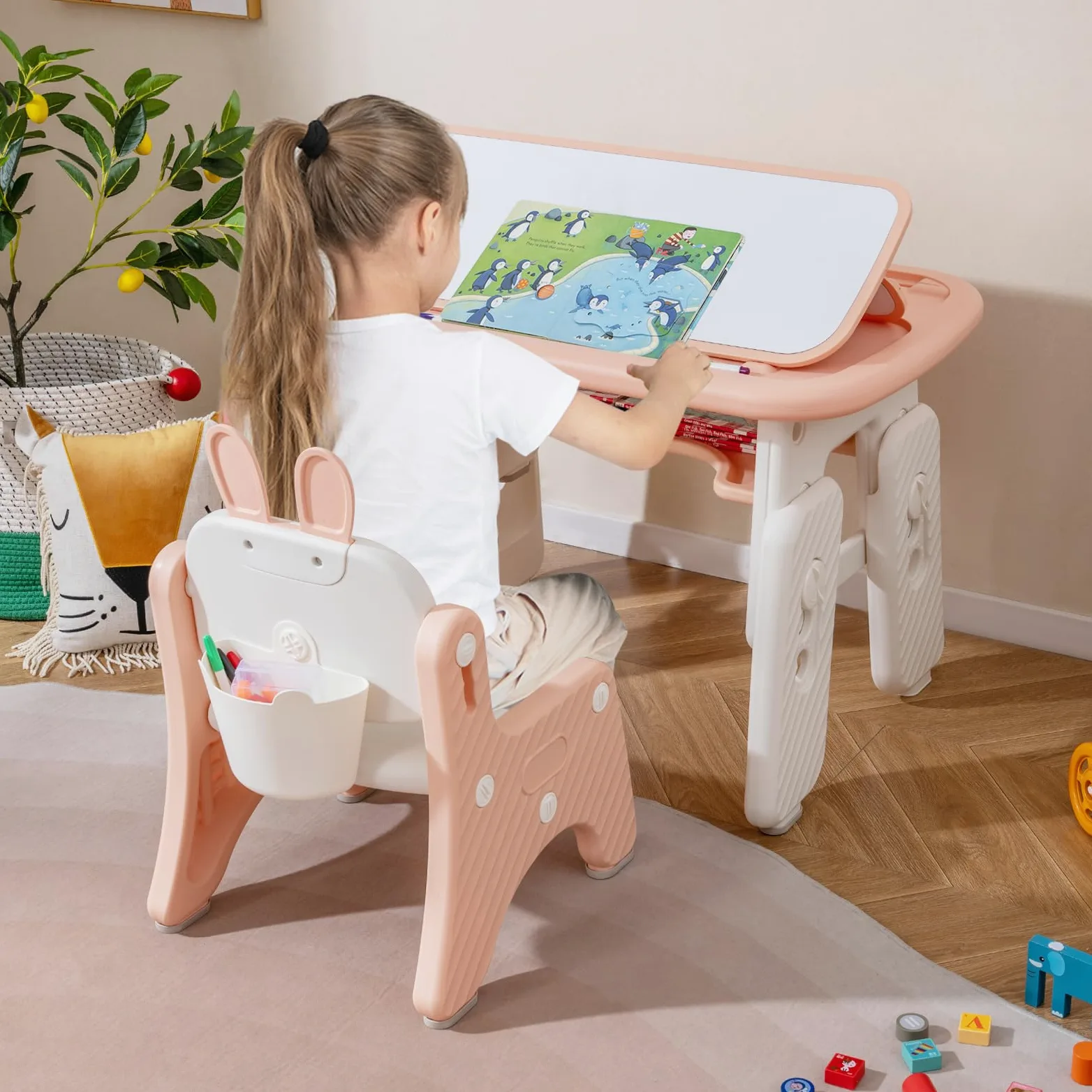 RELAX4LIFE 2 in 1 Set Tavolo e Sedia per Bambini con Lavagna Doppia Faccia Magnetica e Cancellabile, Altezza Regolabile, Cestello Portaoggetti, Tavolino per Bambini 1-12 Anni (Rosa)