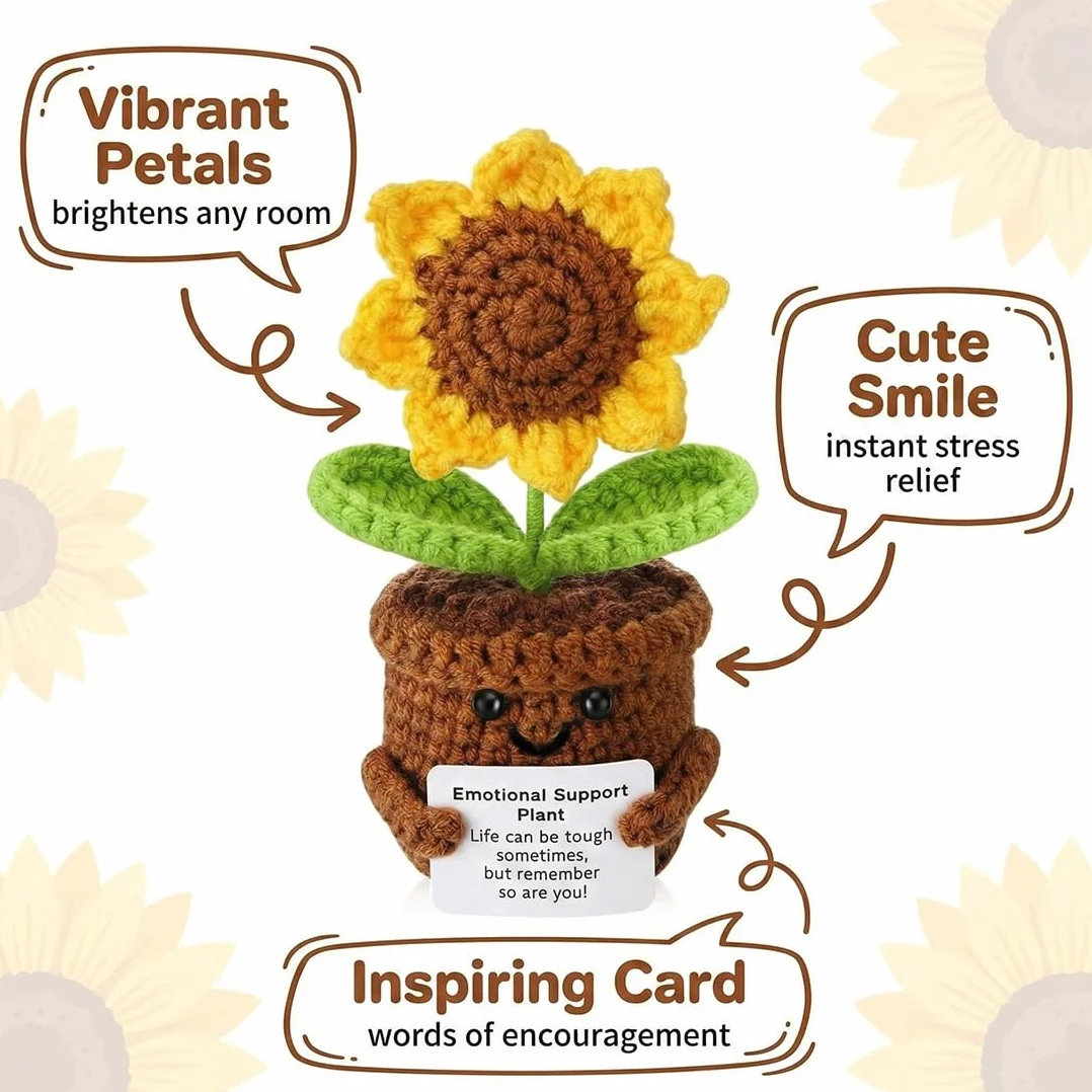 Positive Girasole Idea Regalo Compleanno- Creative Knitted Positive Girasole Doll- Gadget Scrivania Carino Portafortuna, Regali Originali per Laurea Collega Sorella Amica Ufficio