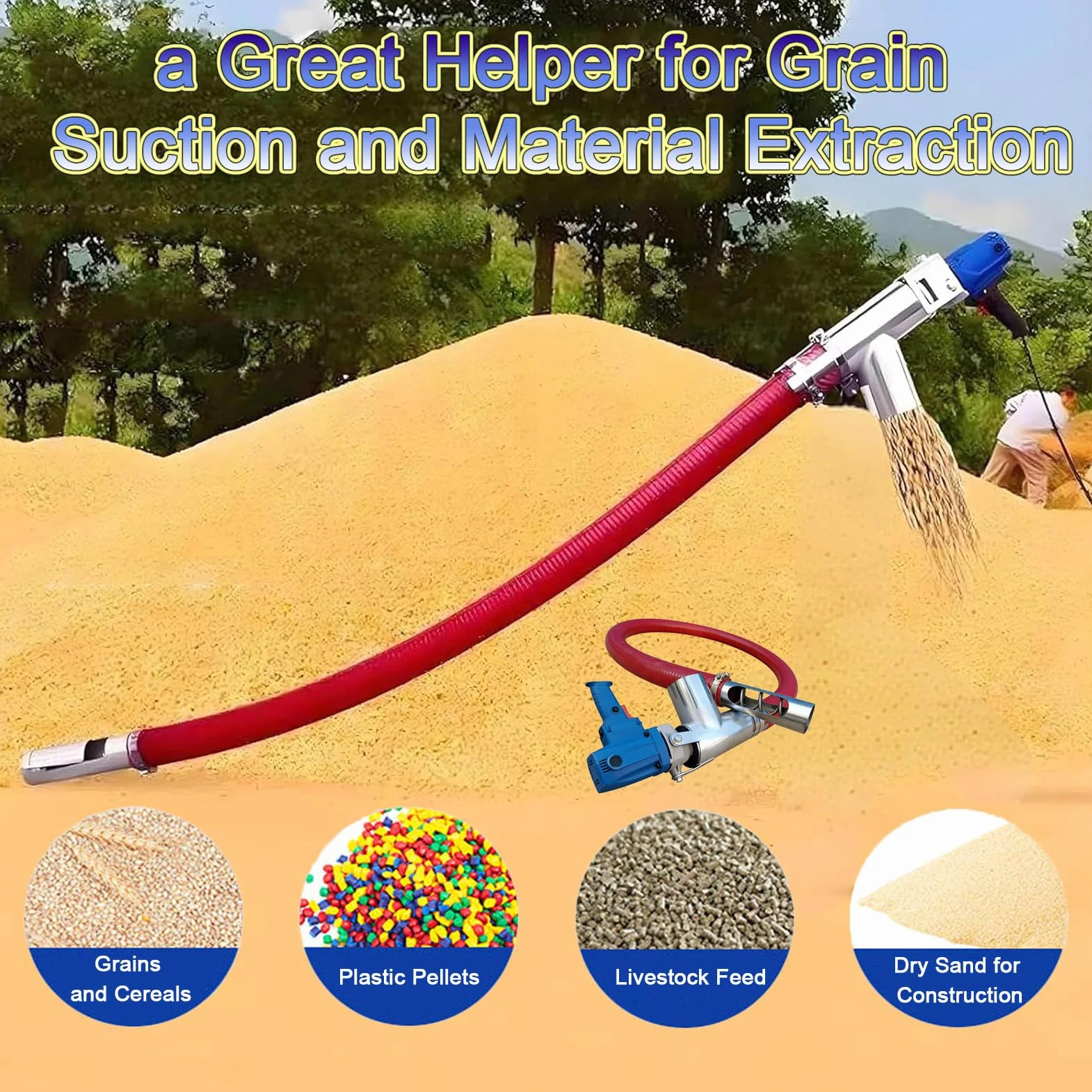 Coclea per Cereali Ad Alta Resistenza, Aspiratore Portatile da 1500 W, Trasportatore A Coclea Industriale per La Pulizia di Cereali, Cemento, Sabbia E Polvere 2m/79inHose