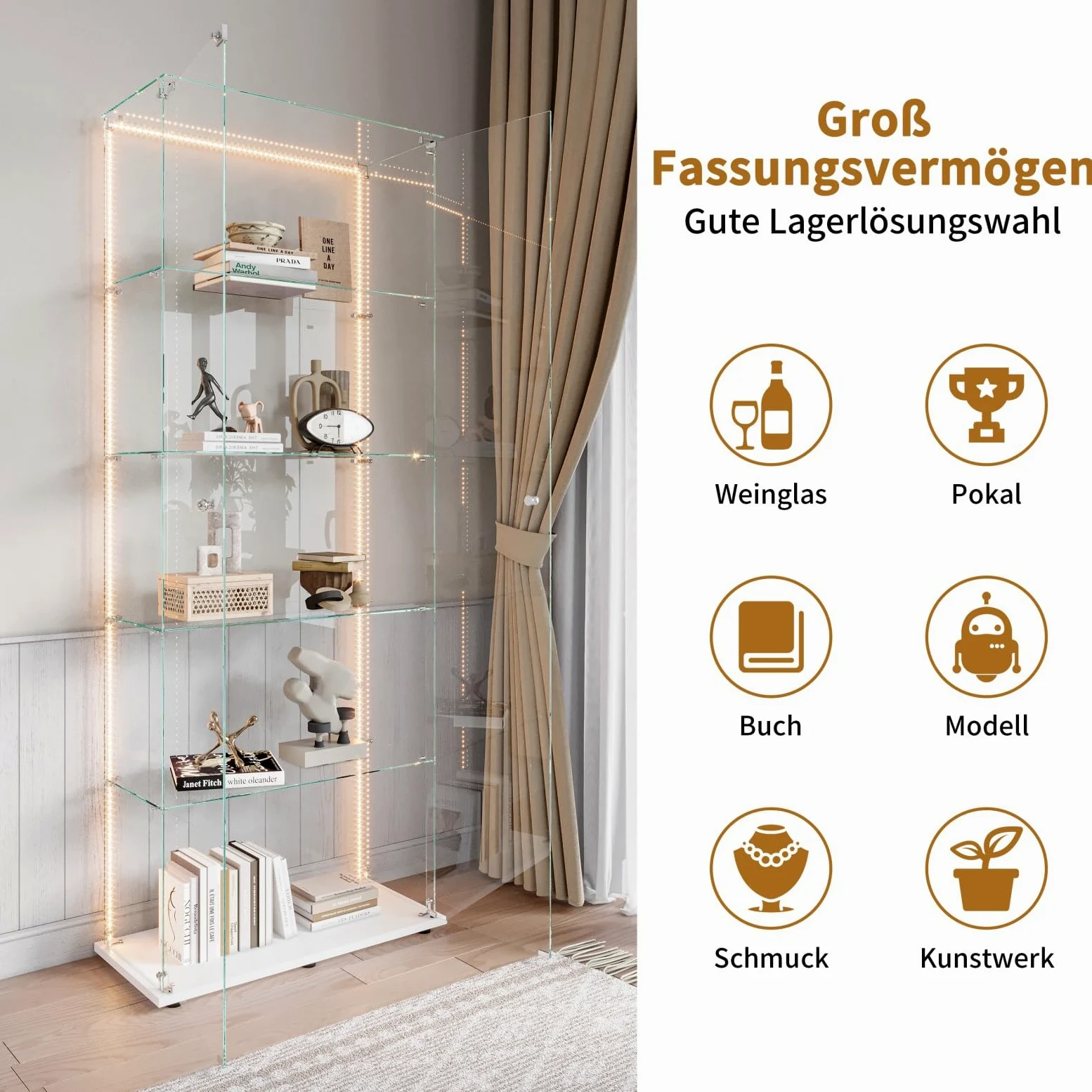 BestAlice Vetrina in vetro, armadietto da collezione con striscia luminosa a LED e lucchetto, armadietto con 2 ante, 5 ripiani, cassetta di presentazione, mobili trasparenti, per soggiorno, bar