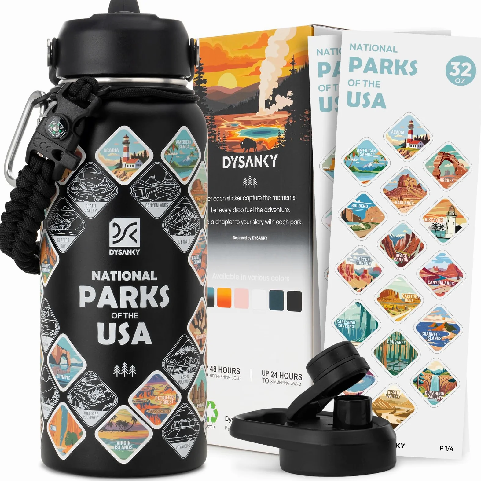 DYSANKY National Parks - Borraccia termica in acciaio inox da 907 ml, con 63 adesivi disegnati a mano, accessori per esterni e confezione regalo, senza BPA, ideale per escursioni, campeggio e viaggi