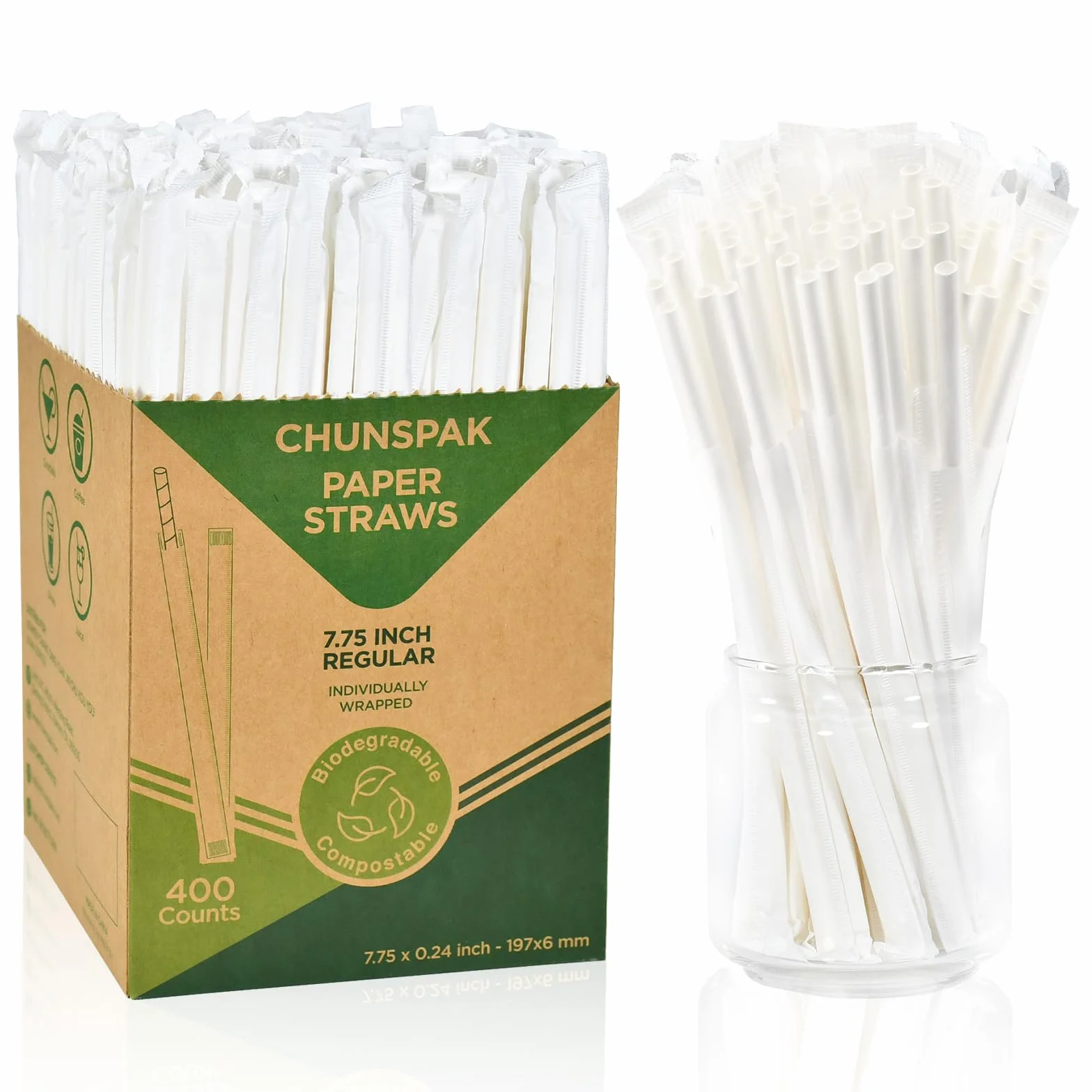 Cannucce di carta usa e getta bianche, confezionate singolarmente – 19,7 x 0,6 cm, 100% biodegradabili, 400 pezzi