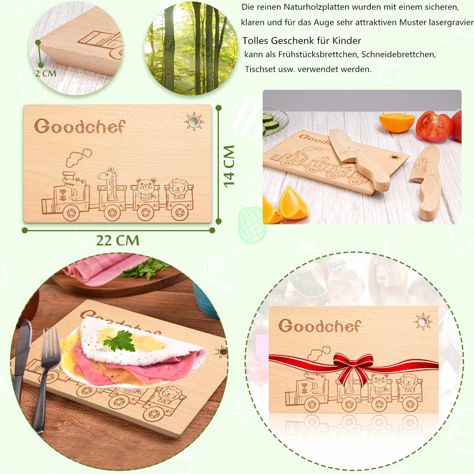 Set di 7 coltelli da cucina per bambini per tagliare e cucinare frutta o verdura, con coltello in legno, tagliere, pelapatate, piccolo tagliere per bambini
