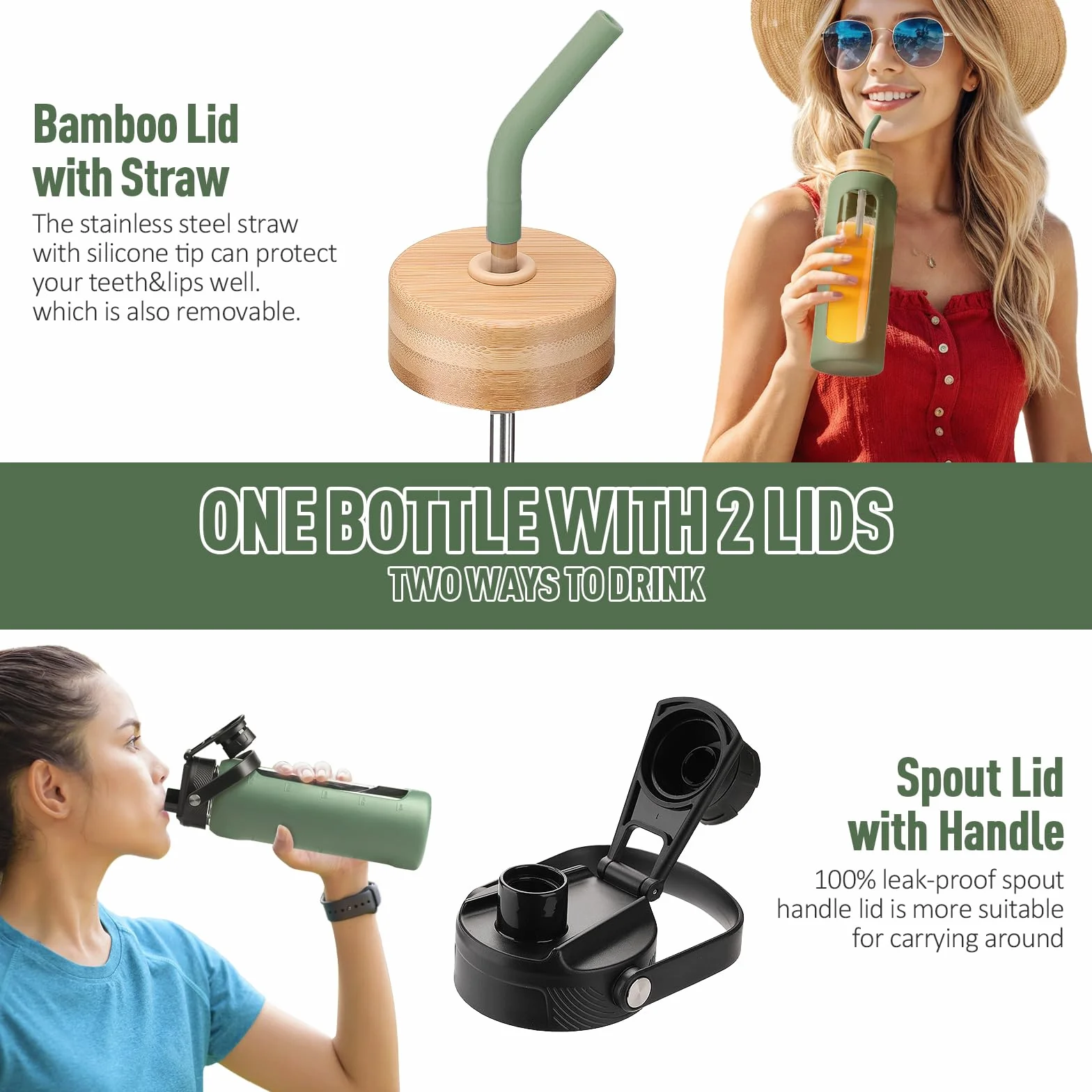 BLUEGO Borraccia in vetro 600ml con cannuccia 2 coperchi, tazza caffè in vetro custodia silicone, senza BPA, Verde oliva