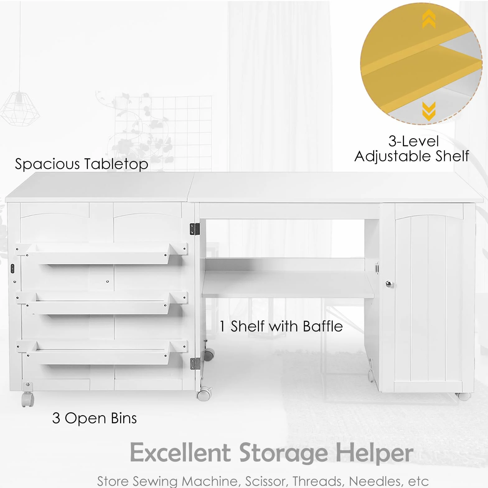 LIFEZEAL 3 in 1 Armadietto per Cucito, Tavolo per Macchina da Cucire, Salvaspazio, Pieghevole, Mobile, Tavolo da Stiro, Credenza, 6 Ruote, 3 Mensole e 1 Ripiano, Ampio Piano, 158,5x50x74cm (bianco)