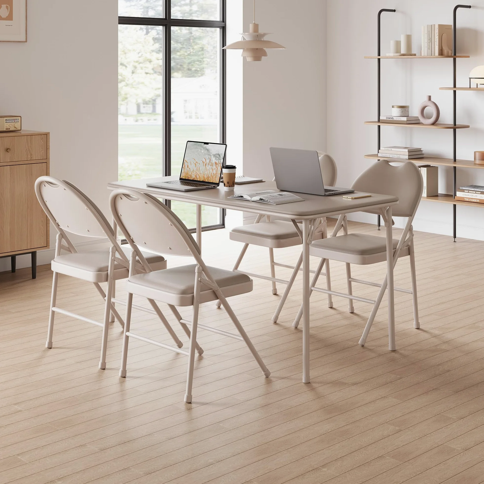Sedie pieghevoli imbottite per sala da pranzo - struttura in metallo robusto - seduta in similpelle PU facile da pulire - schienale ergonomico - ideali per cucina, ufficio, eventi - Beige, 4