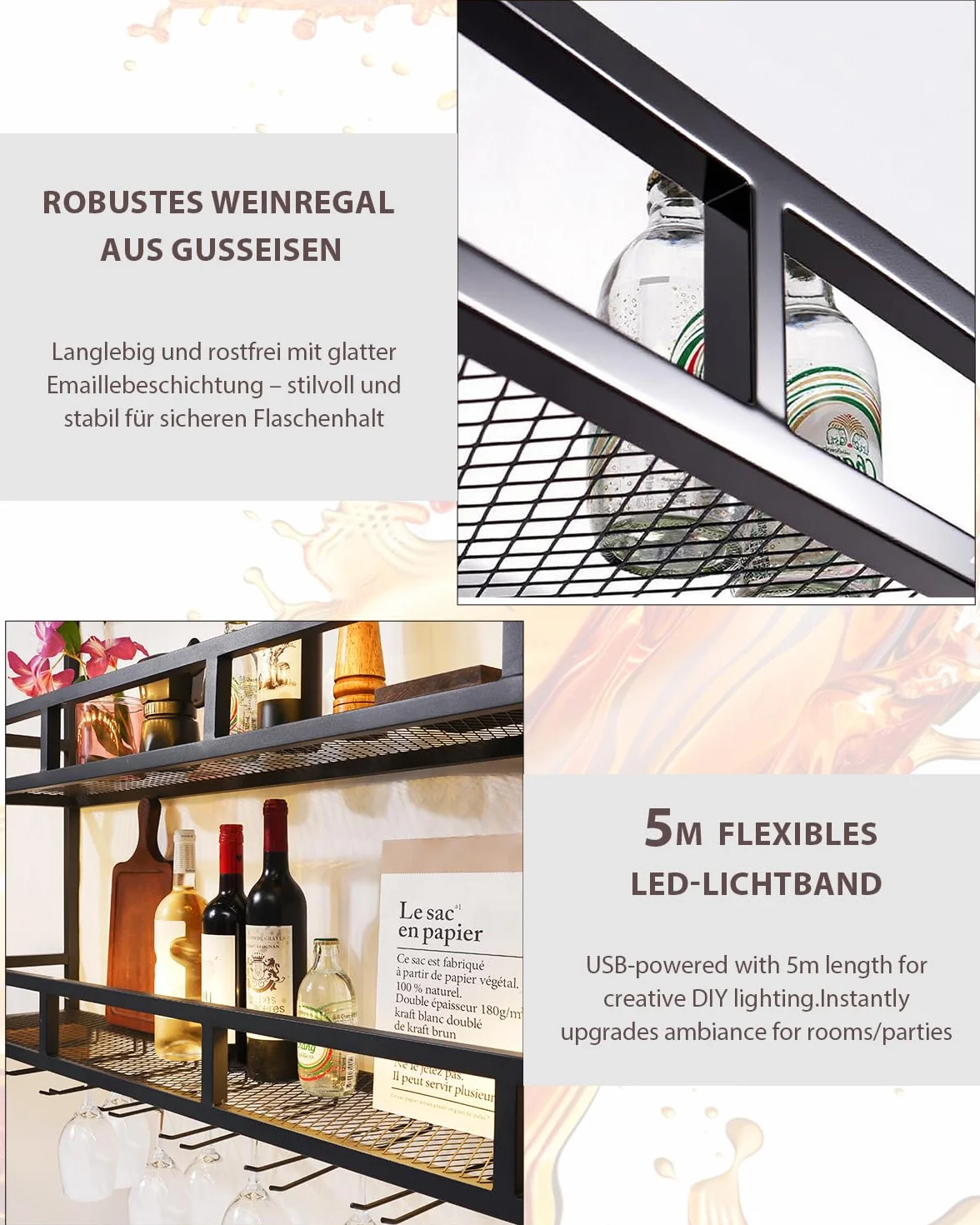 Portabottiglie da Parete con Portabicchieri a LED, Scaffale Moderno in Metallo 100 cm a 3 Livelli, Mensola Bar per Casa, Cucina e Locale Commerciale