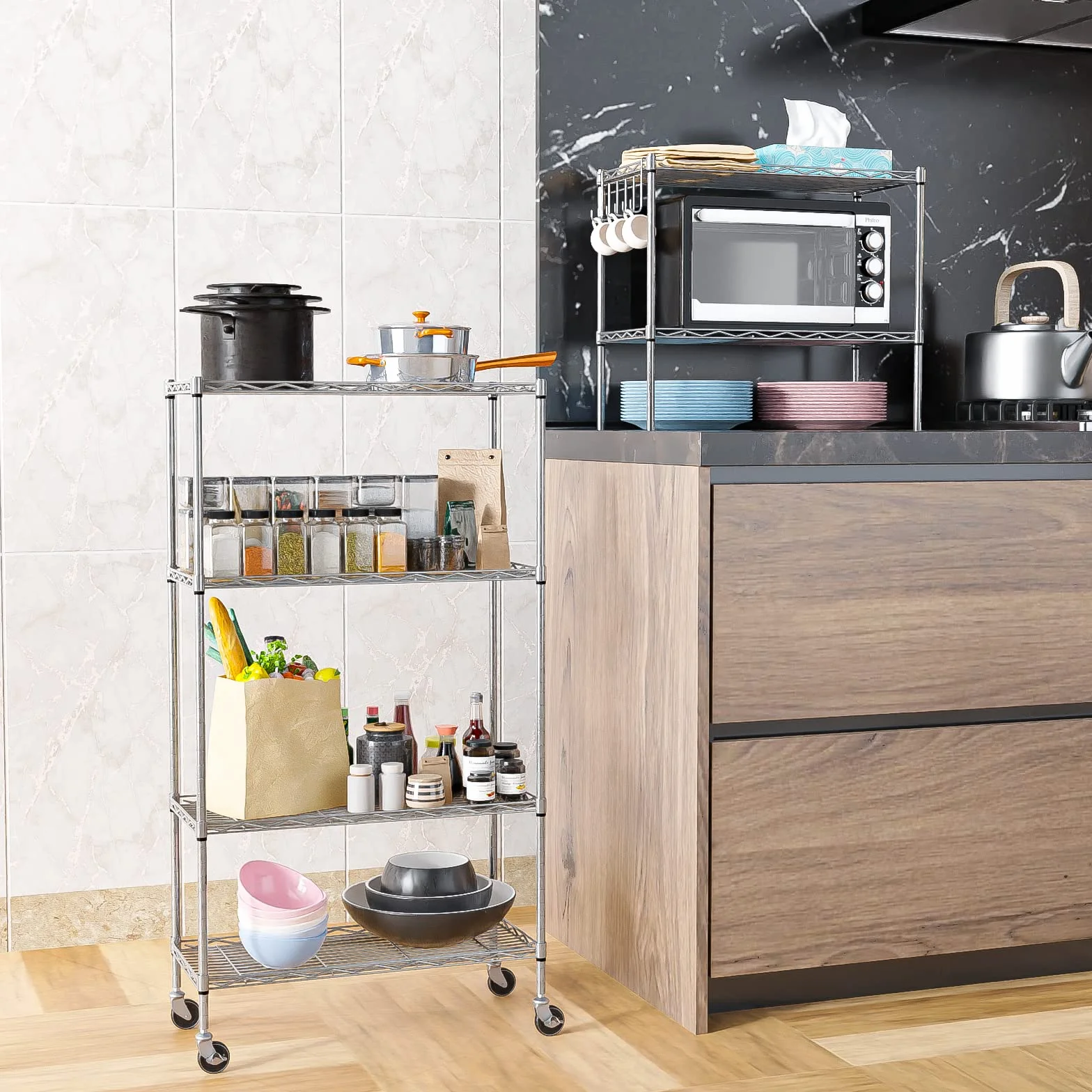 Himimi Scaffale in Filo Metallico a 6 Livelli con Ruote Regolabile in Altezza Argento